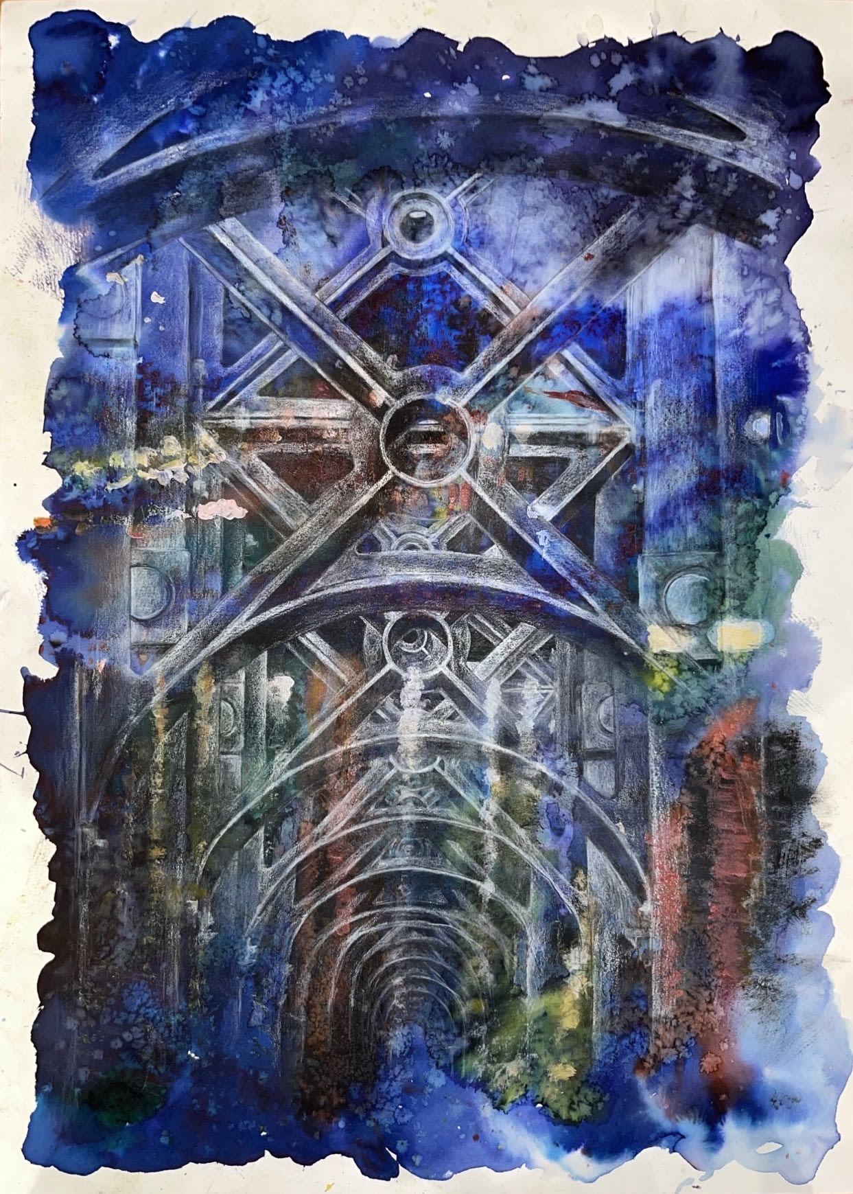 Painting showing under the steel beams of the Tyne Bridge in a watery artistic style