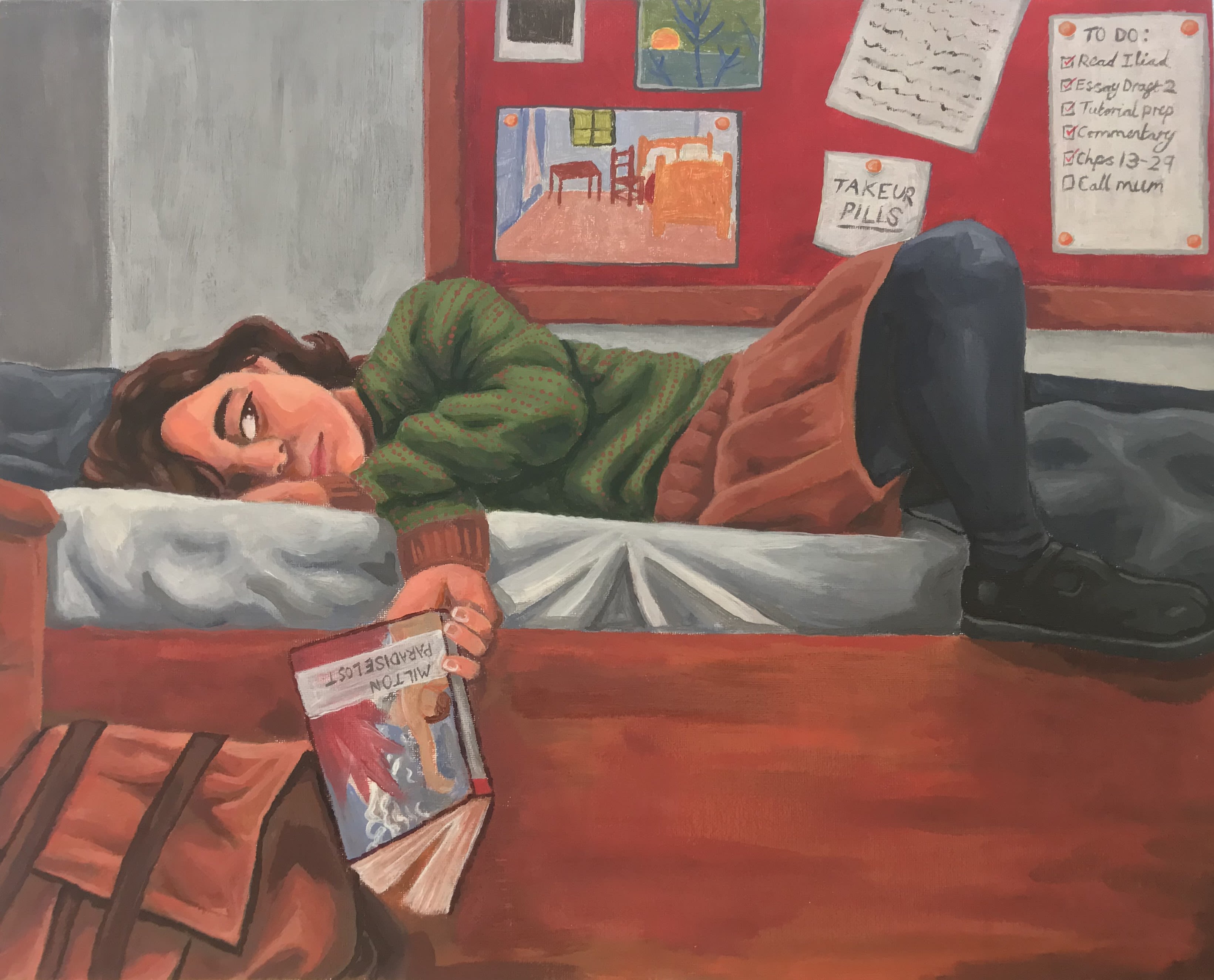 Painting of a person laying on their side on a bed with their eyes open looking in to the distances. The hold a copy of Paradise Lost in their hand but are not reading it. On a display board behind them notes tell them their to do list and to take pills.
