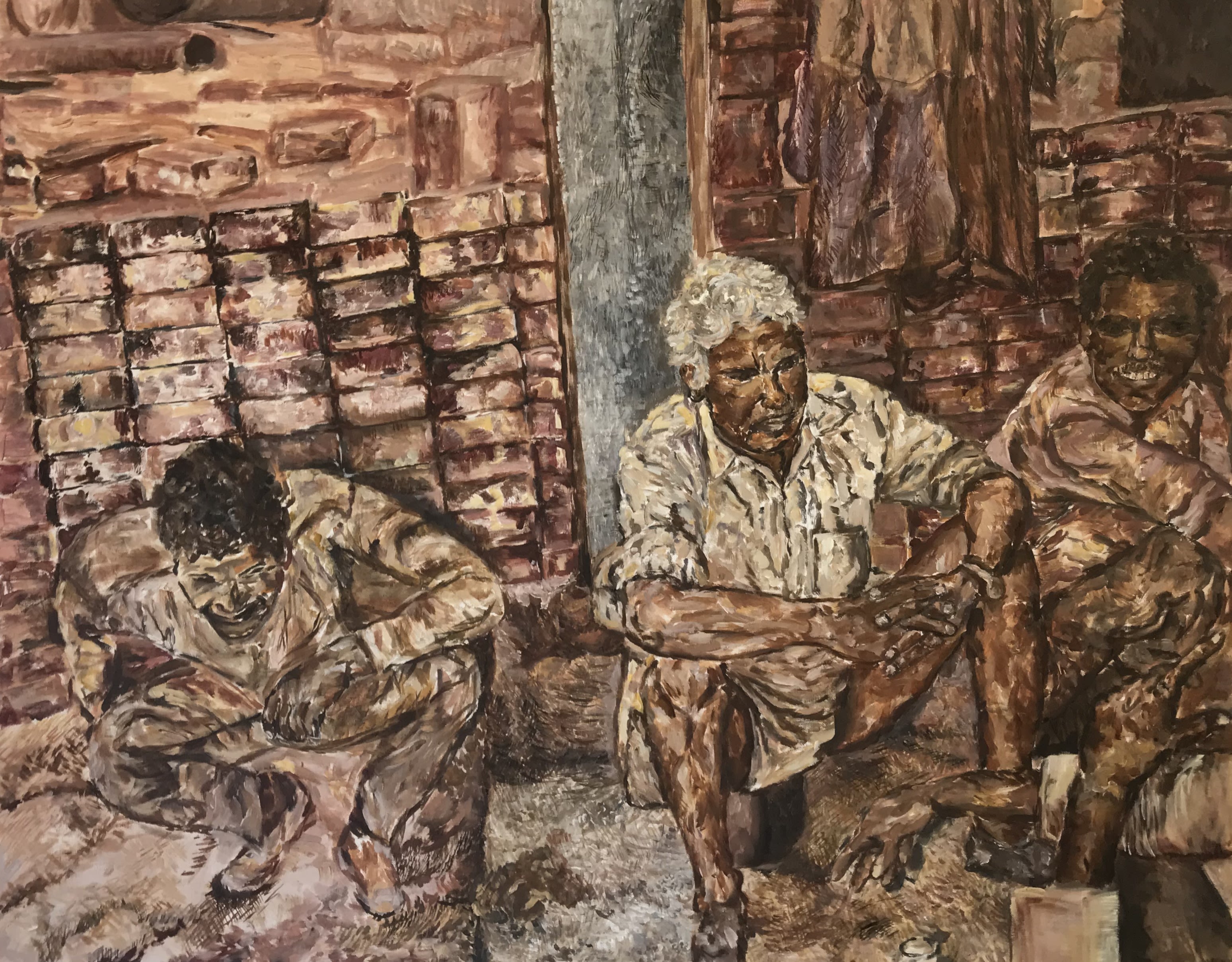Acrylic painting of three men squatting in conversation.