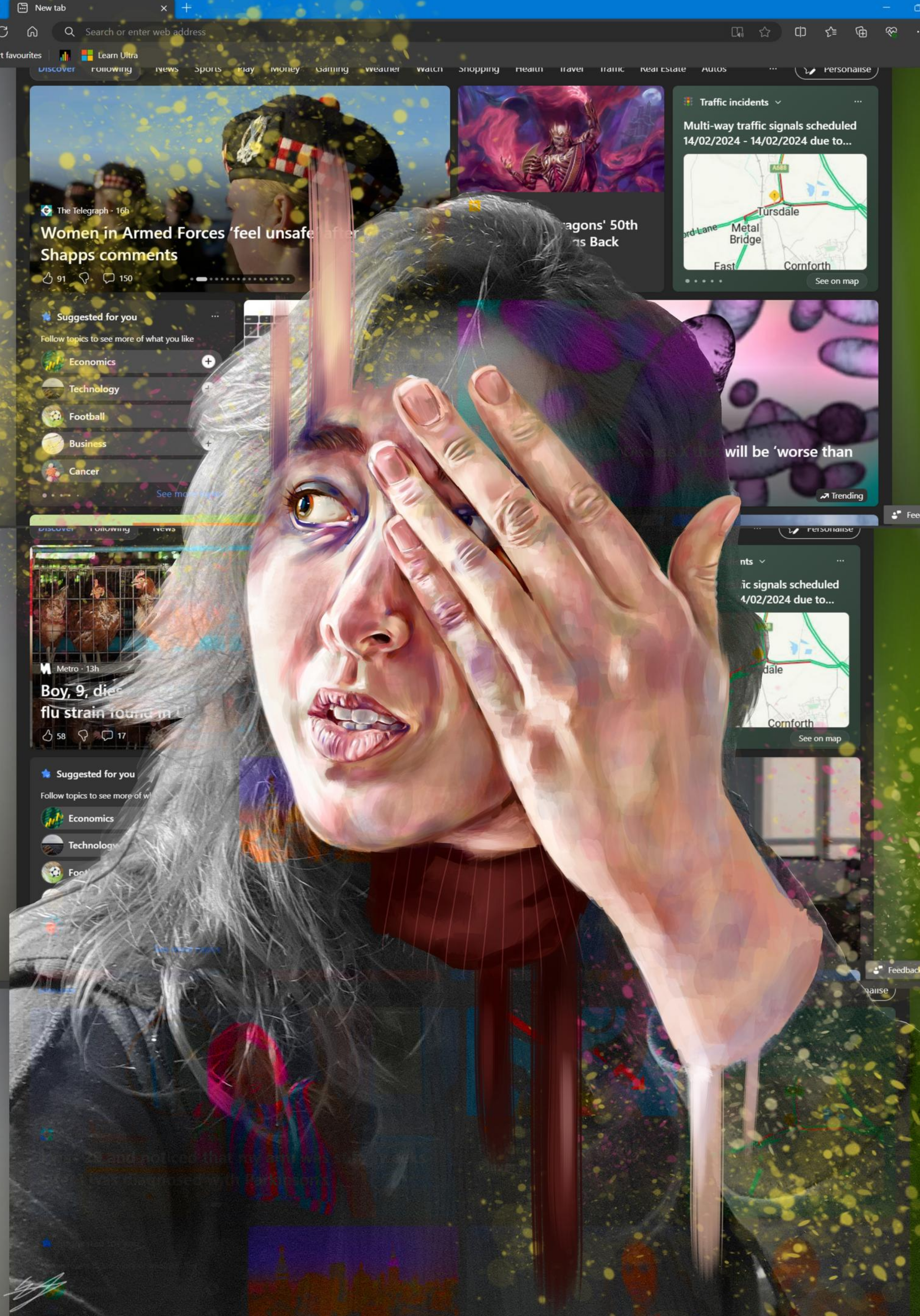 Digital painting of a face with the left hand covering the left eye. In the background a wall of social media.