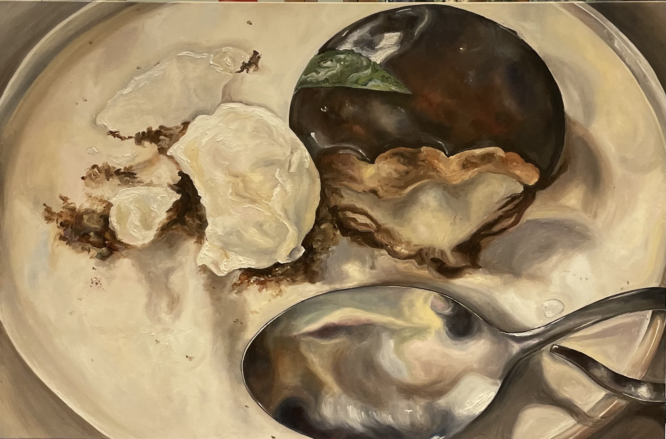 Close up oil painting of a chocolate cake, ice cream and a spoon on a white plate.