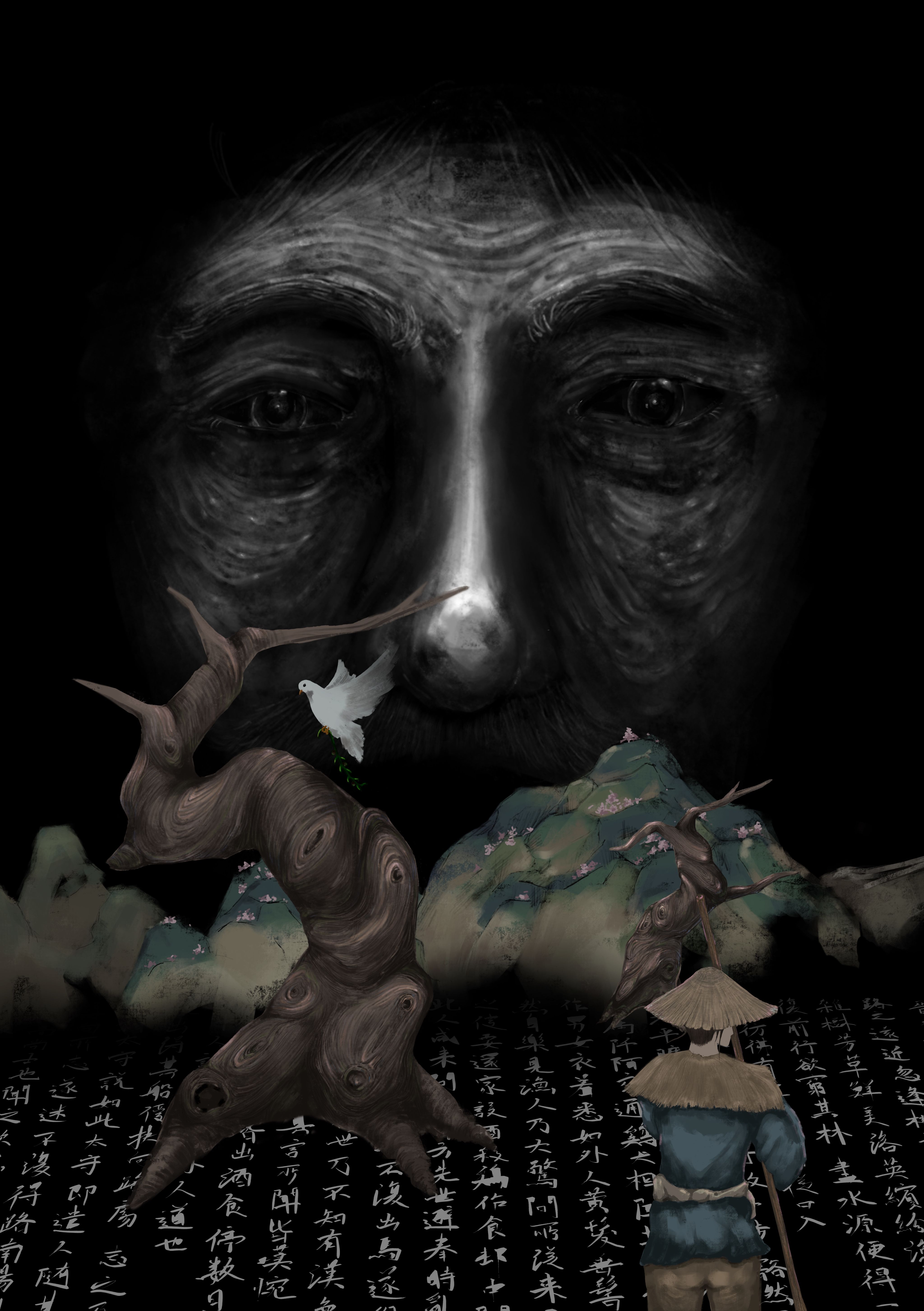Digital painting, the top half is filled with a face, the lower half shows a farm worker ploughing a field of words. In the center we see a tree with a white bird and mountains.