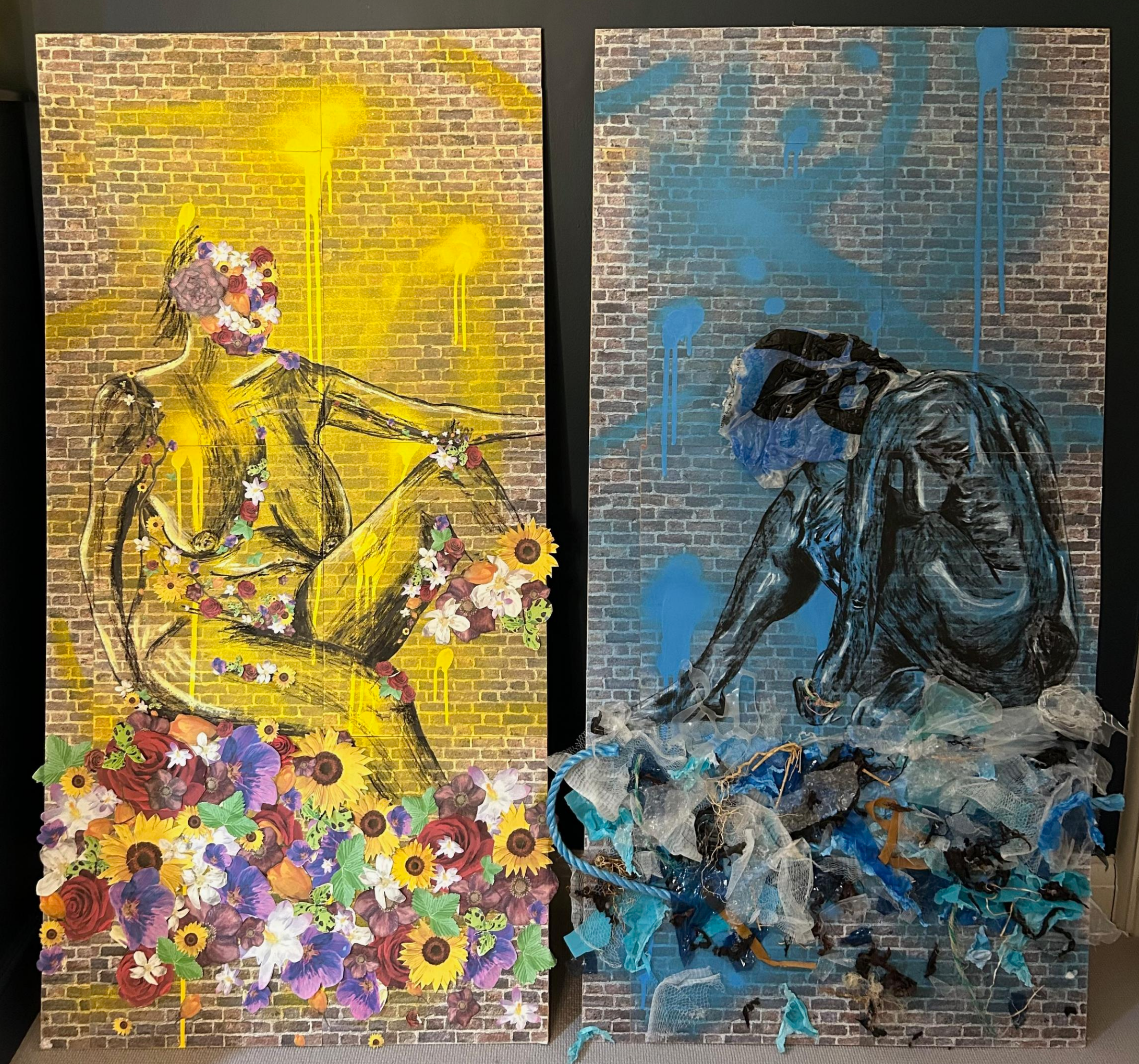 Two large portrait paintings. The left painting has a brick wall background with an outline of a womans nude body. Their face is obscured with flowers, more flowers are beneath their body. The artwork to the right shows another nude women with their back to us, they sit on collaged materials of plastic and rope.