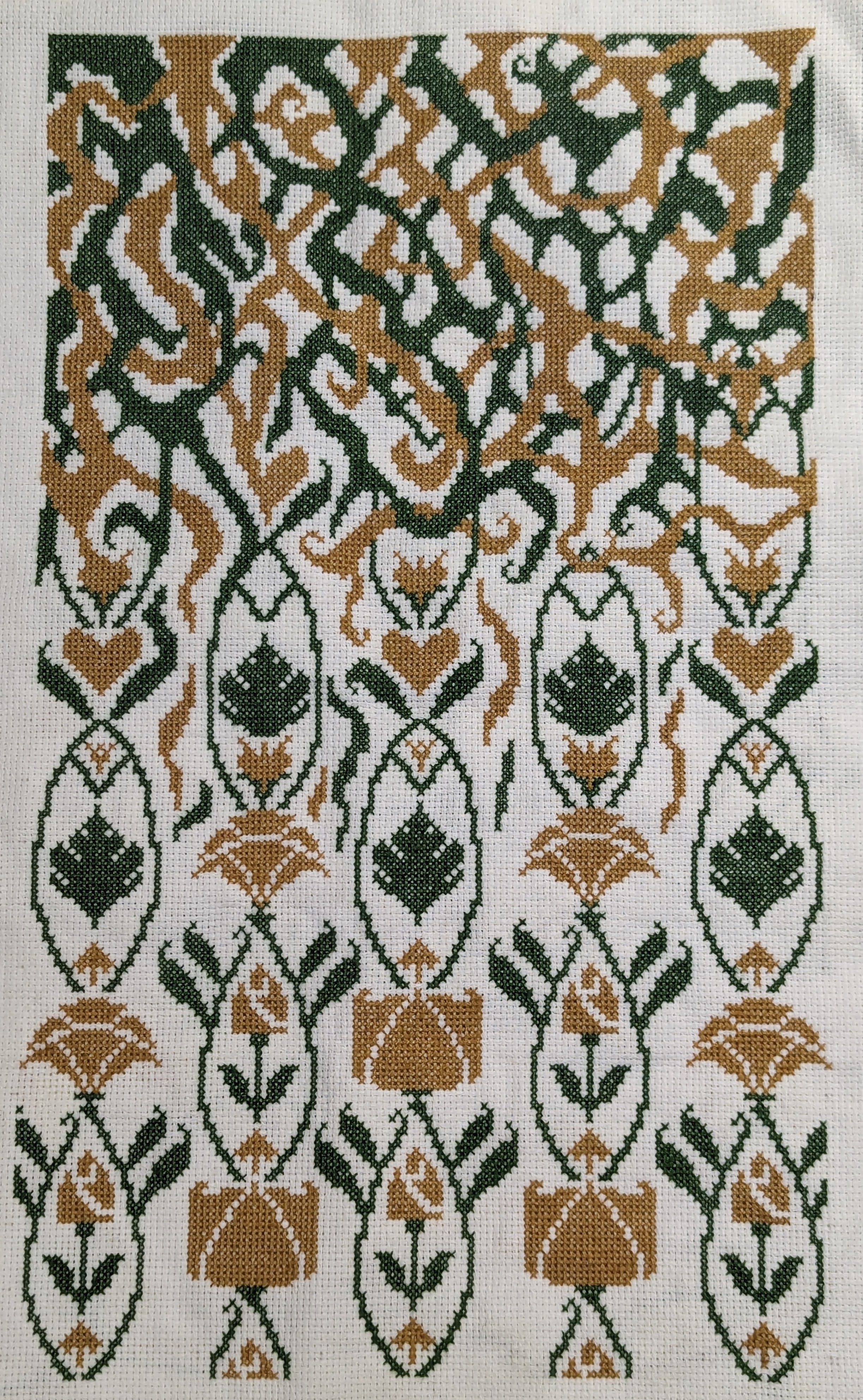 Embroidered artwork of roses, leaves and abstract shapes in a repeated pattern.