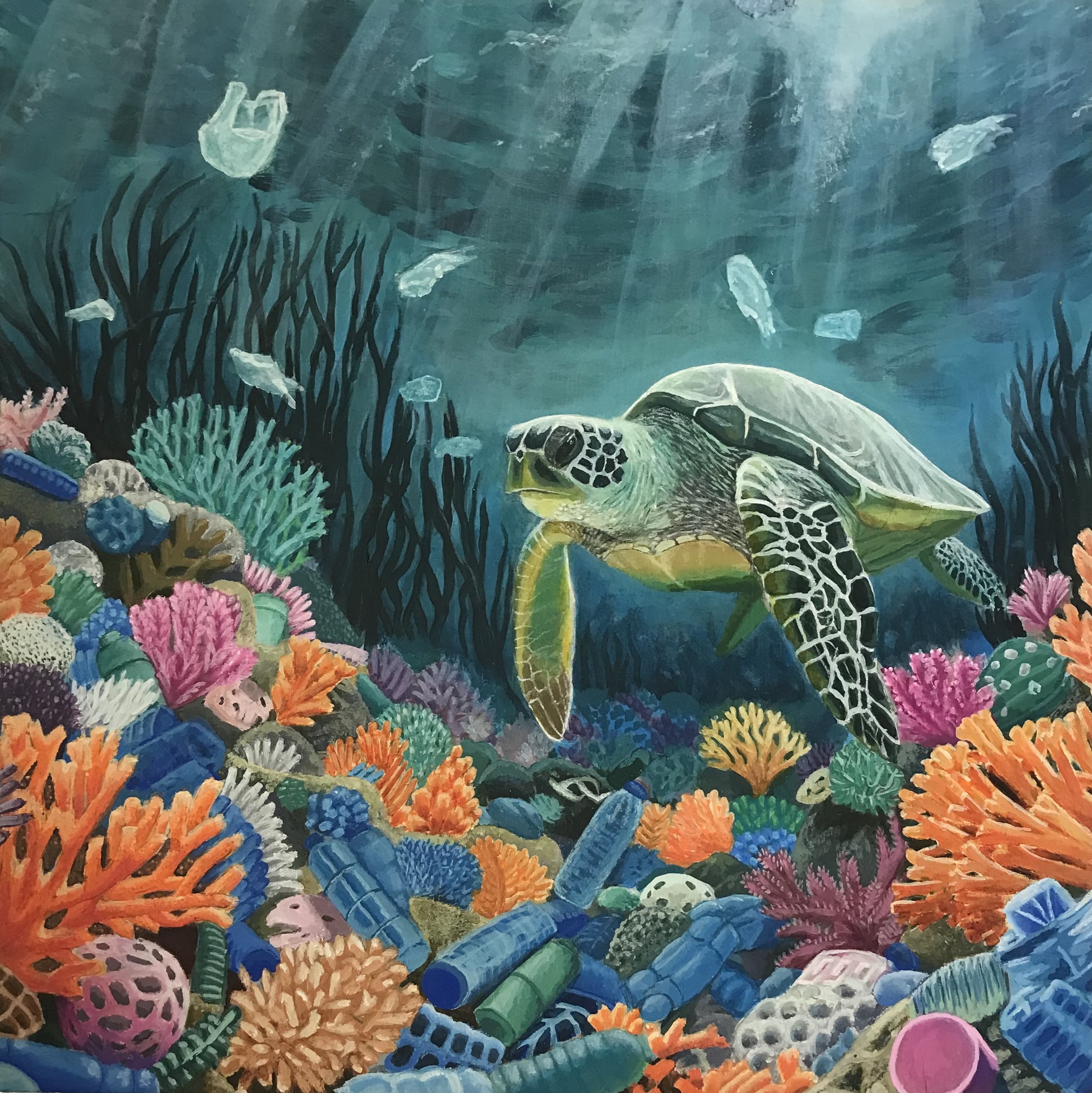 Acrylic painting of a turtle swimming in the sea, coral sits on the floor of the sea and plastic bags float around the painting.