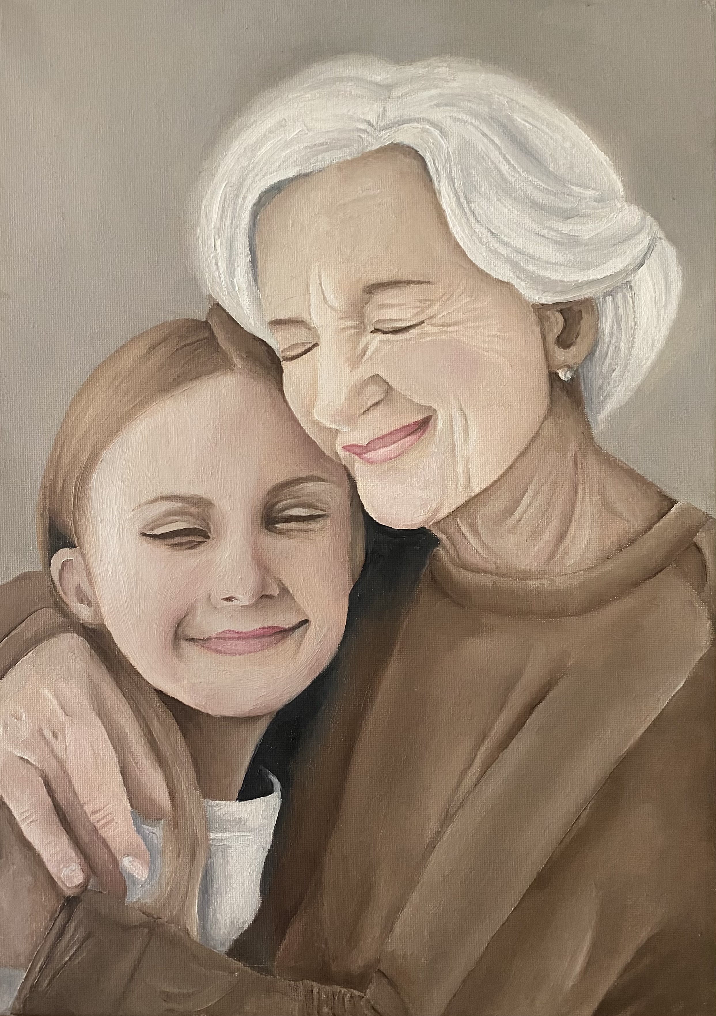 Painting of an older woman with grey hair, hugging a child in muted colours.
