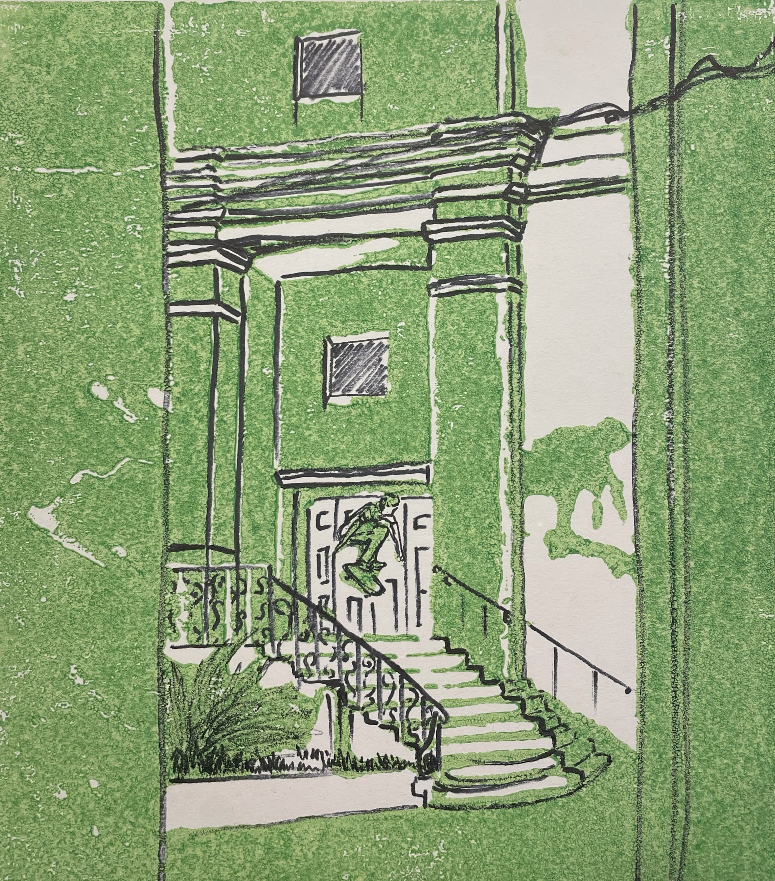 Green print of a skateboarder jumping down the steps of a large building. You can see the skateboarders shadow on the wall of the building.