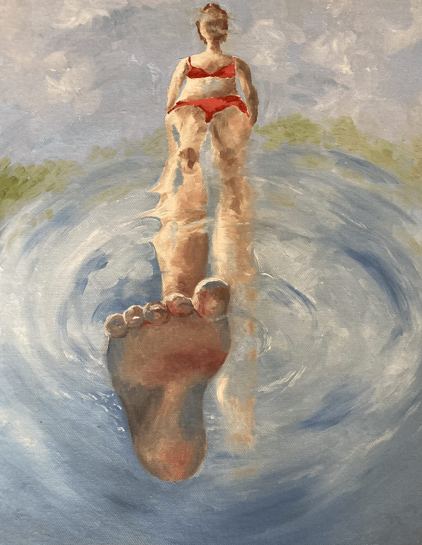 Oil painting of a woman in a red bikini, dipping her right foot in a pool of water. The painting is from the perspective of the floor, with the foot much larger than the body.