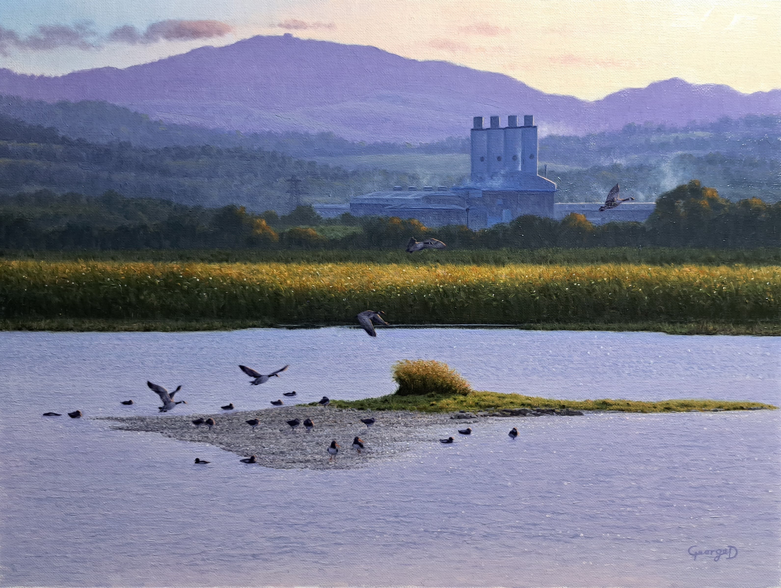 Oil painting of a landscape. In the foreground a lake with birds flying across the water, in the background mountains with a factory and fields beneath them.