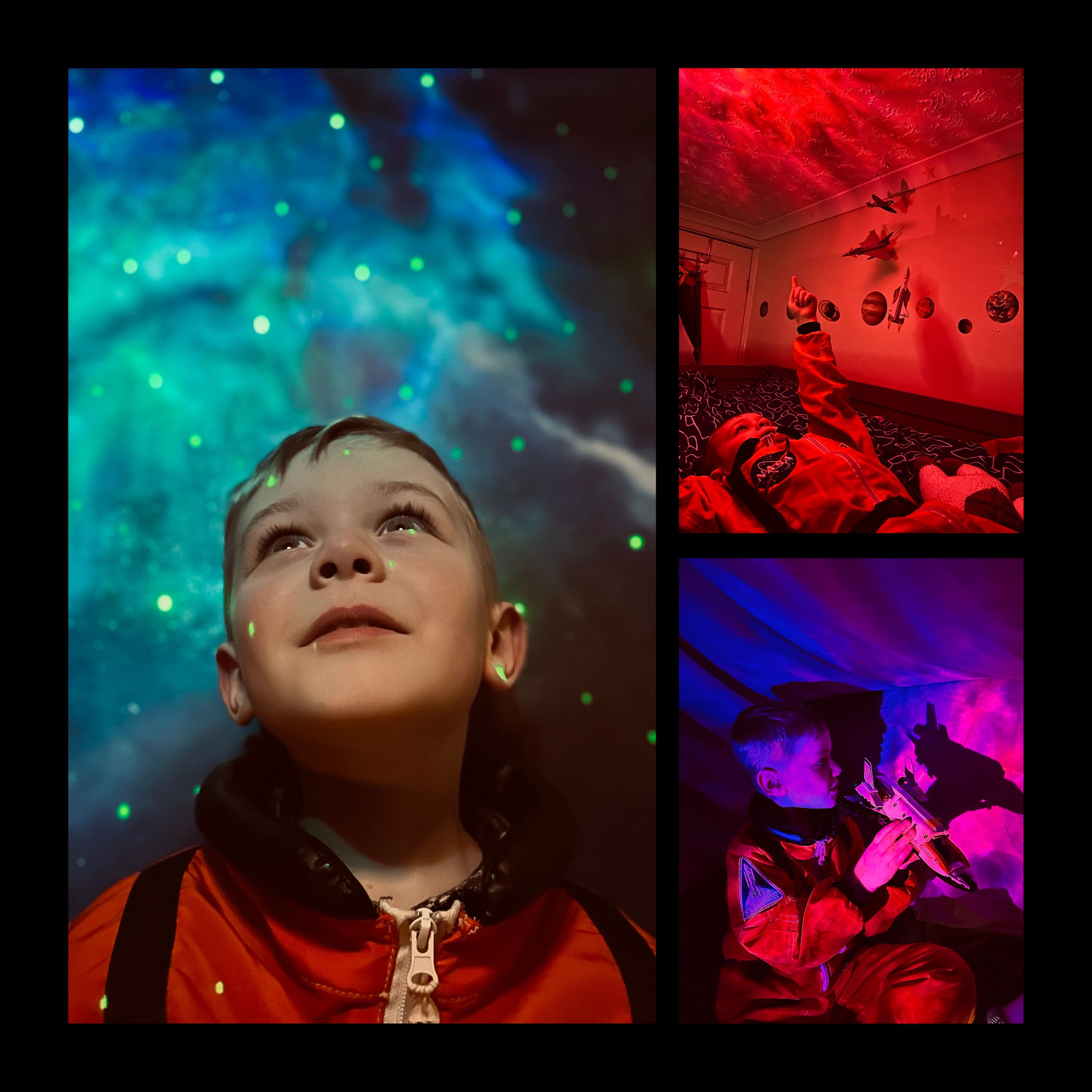 Triptych photograph of a child, on the left a image of the child looking up to the ceiling, to the top right they lay in their bed point at the ceiling, to the bottom right the play with a rocket. The room in each image has light projects covering the room.