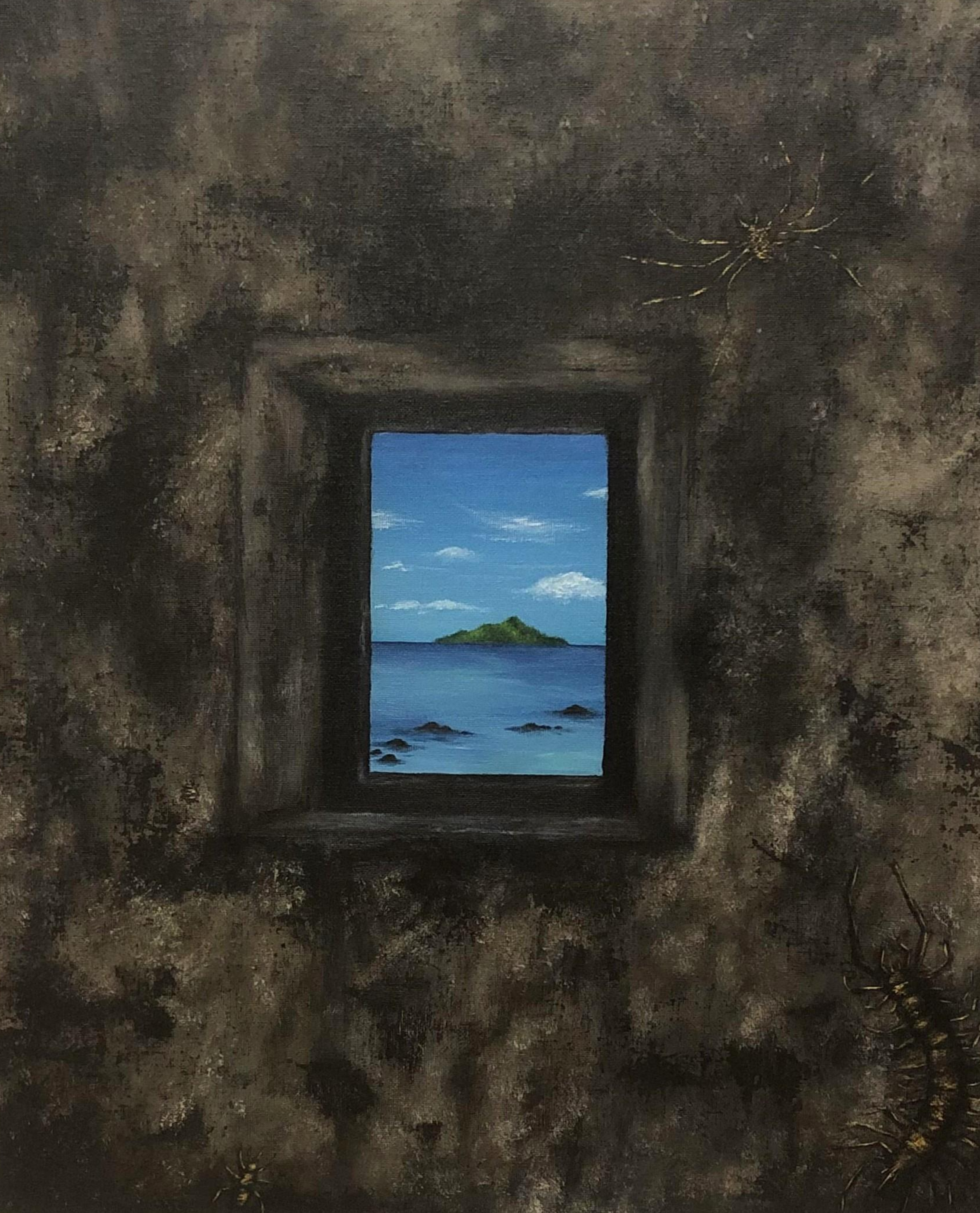 Acrylic painting of a small window with large black and grey surround. A spider, centipede and other bugs can be seen on the surround. Through the window we see an island in the middle of water.