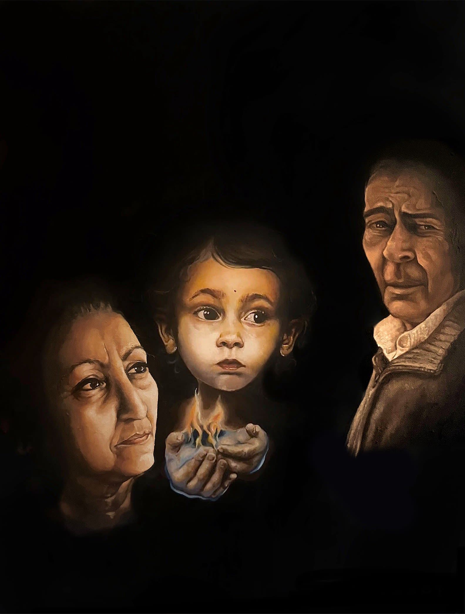 Oil painting of three people. In the middle a child holding a candle, on either side of the child are two adults. We can only see their faces lit by the cancel. The rest of the canvas is painted black.