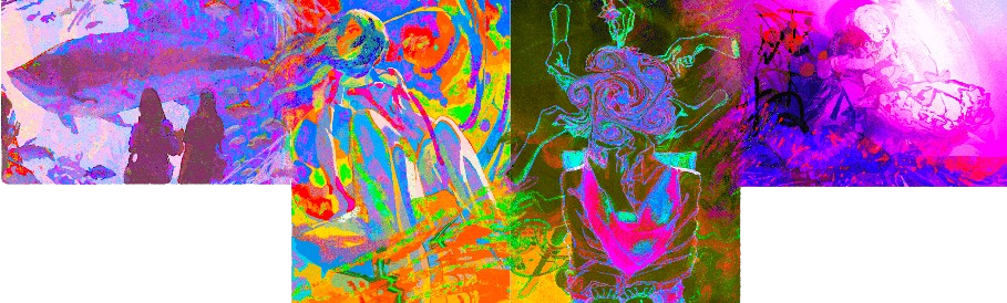 Digital painting of four abstract images linked together. In one we see two people looking at a large fish, in another a persons head with hands touching them..
