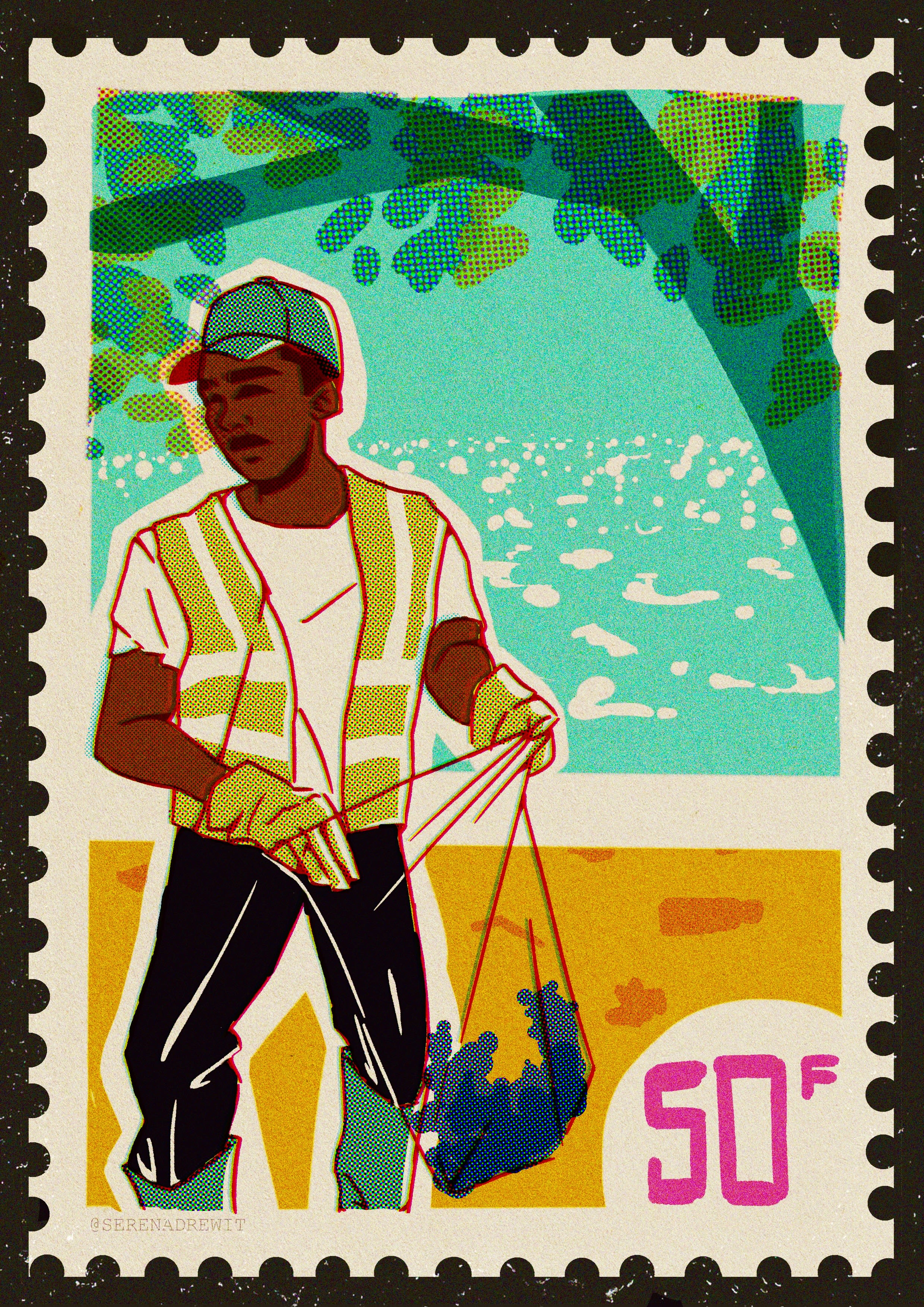 Digital print of a man collecting rubbish on a beach, in the style of a postage stamp.
