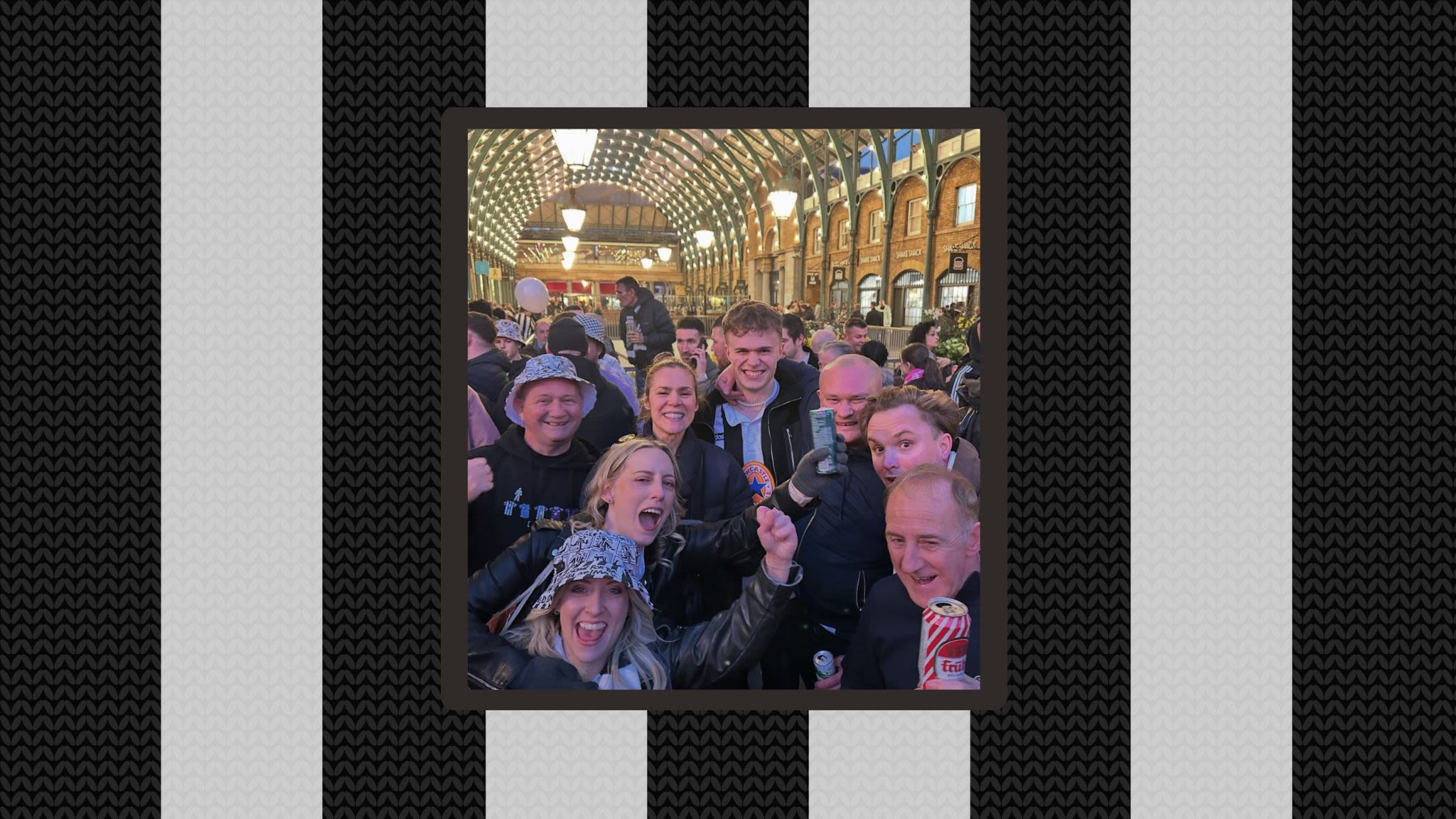 Photo of a large group of Newcastle fans cheering in Covent Garden. Sisters Laura and Lynsey are in the middle of the group wearing black and white scarves and bucket hats.