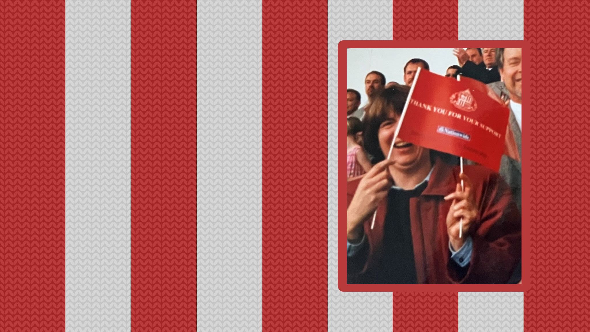 Photo of a Sunderland fan (Mary) waving a red flag in a football stadium