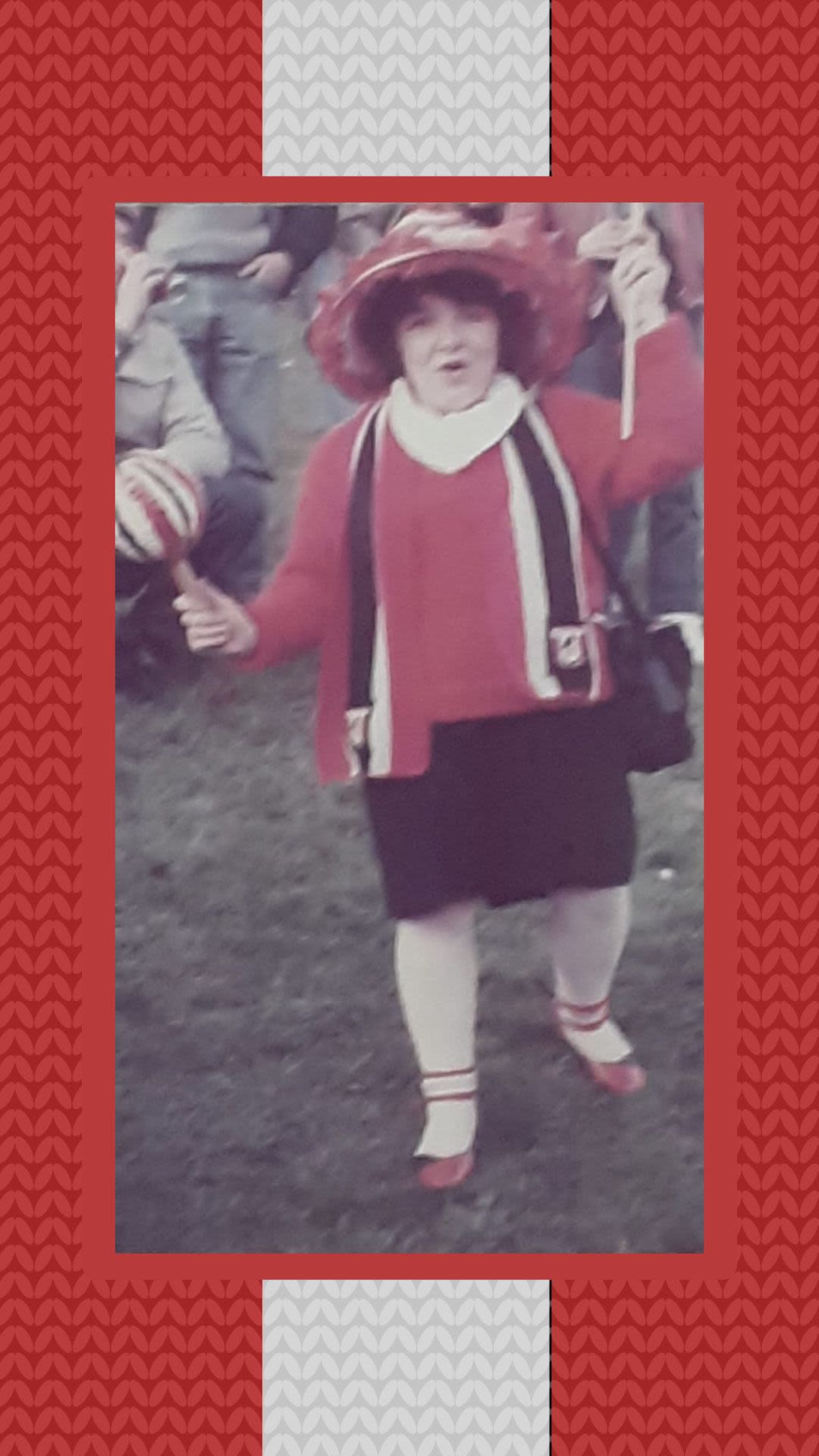 2 photos of a football fan (Margaret). One photo shows Margaret dressed in home made Sunderland kit and scarf at the 1973 FA Cup final. The other shows Margaret sat in the Stadium of Light in 2025.