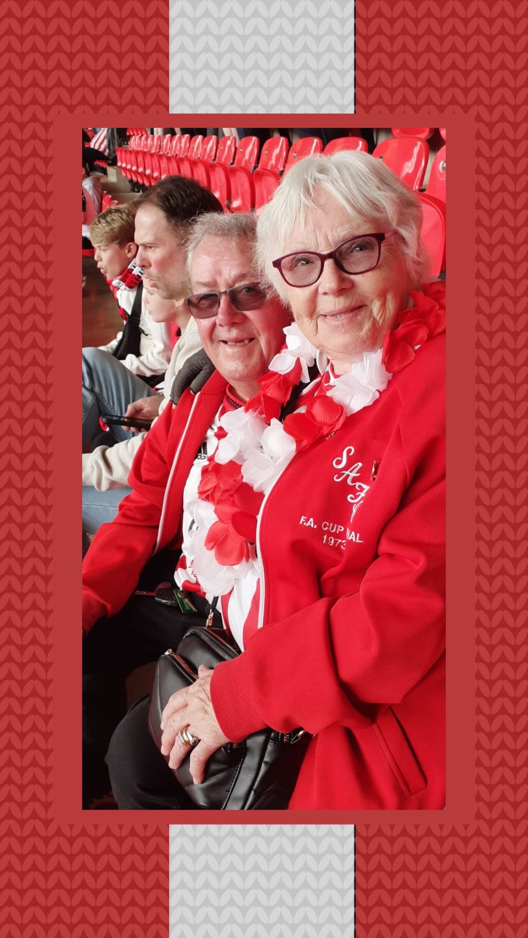 2 photos of a football fan (Margaret). One photo shows Margaret dressed in home made Sunderland kit and scarf at the 1973 FA Cup final. The other shows Margaret sat in the Stadium of Light in 2025.
