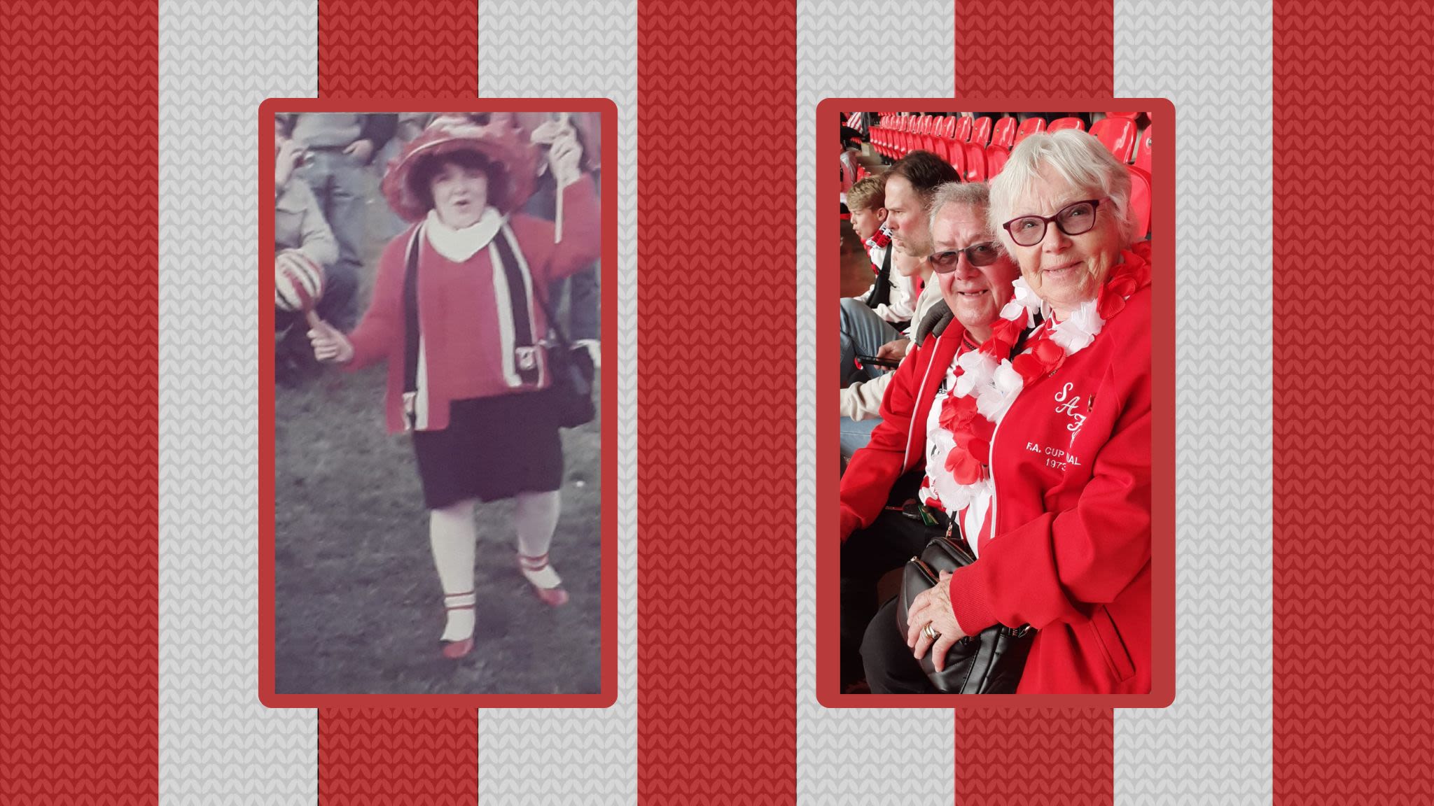2 photos of a football fan (Margaret). One photo shows Margaret dressed in home made Sunderland kit and scarf at the 1973 FA Cup final. The other shows Margaret sat in the Stadium of Light in 2025.