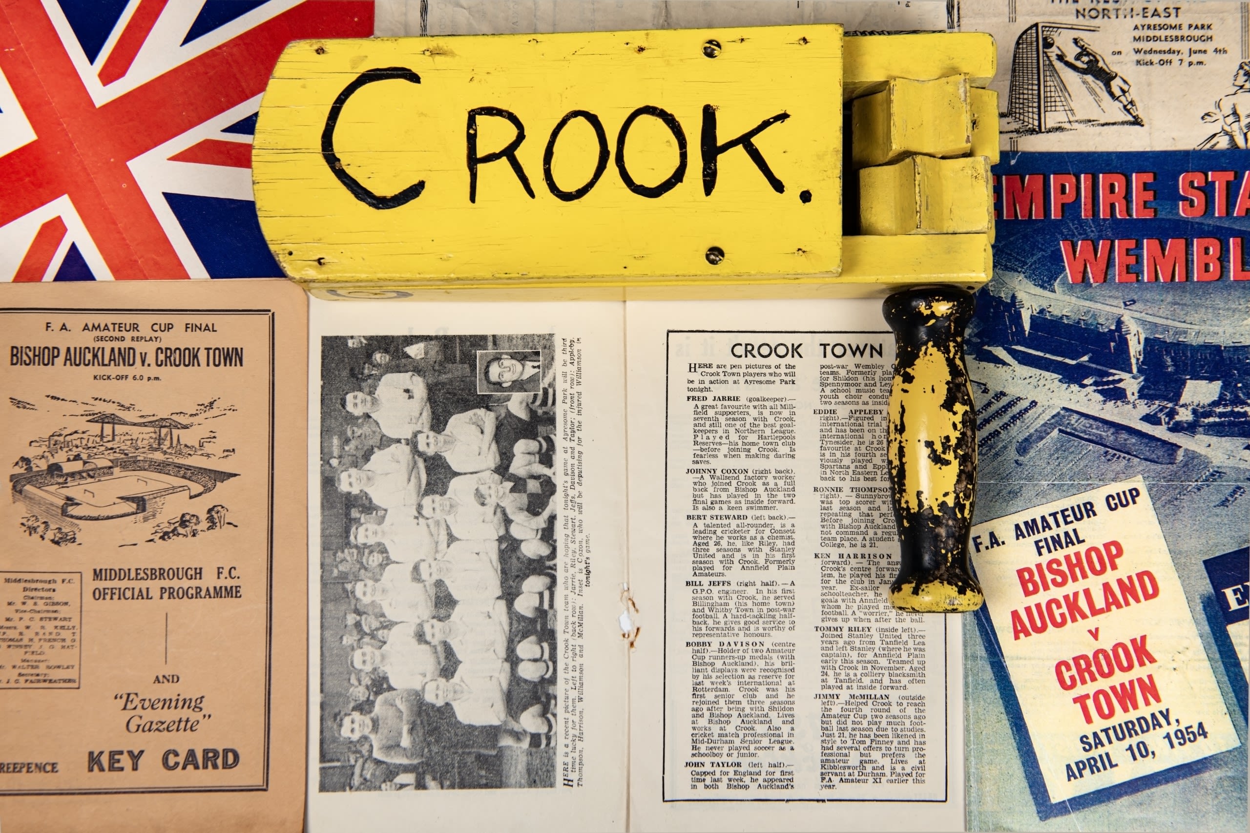 Background image showing matchday programmes and photographs relating to Crook Town and Bishop Auckland football clubs.