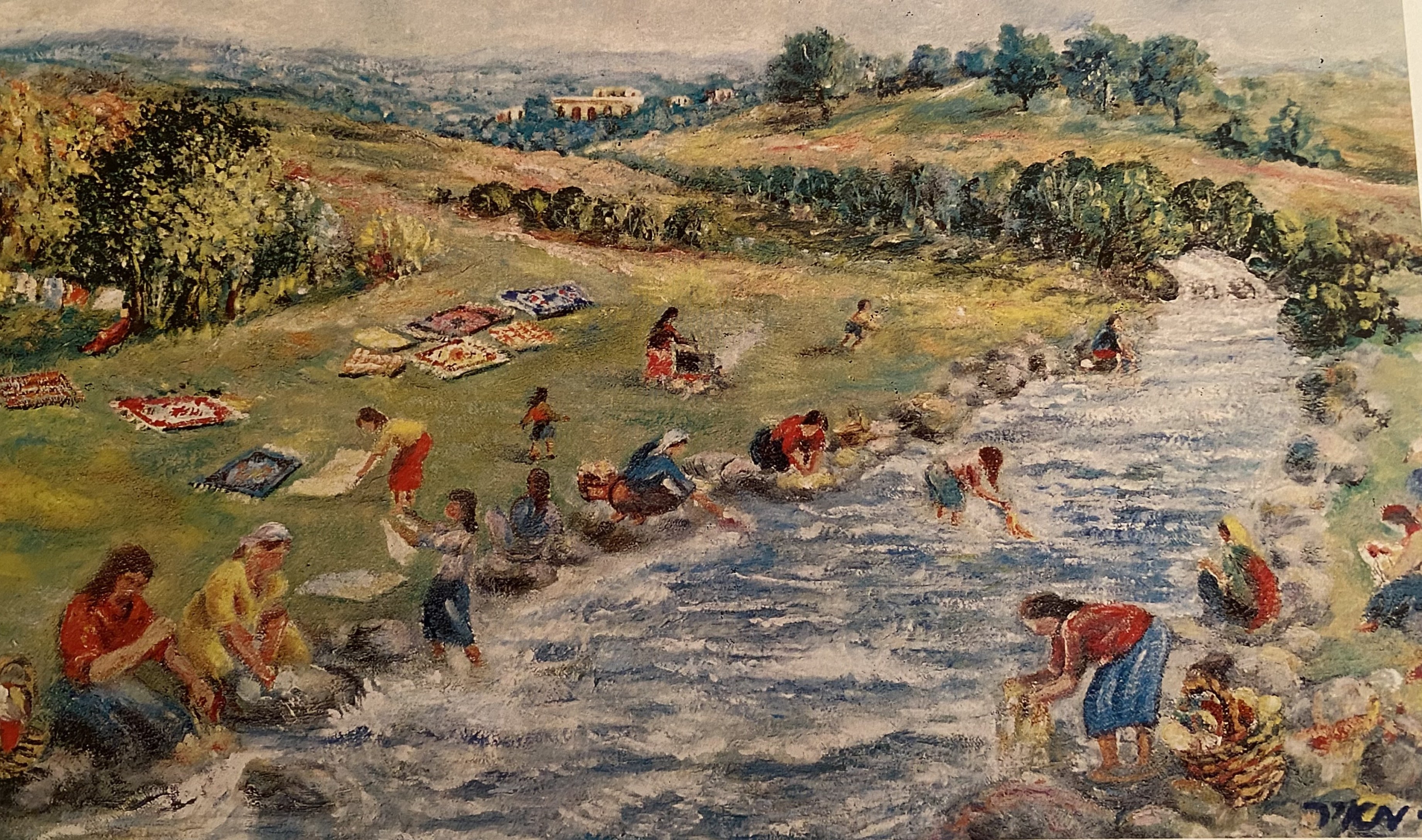 Colourful hand-drawn drawing of a outdoor scene, people washing clothes by a river, trees in the background.