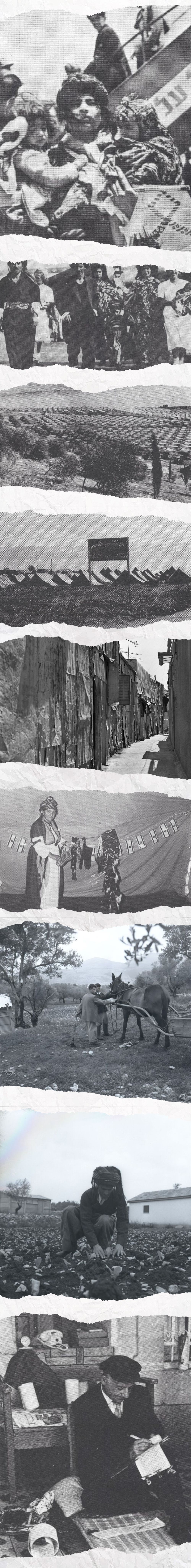Black and white series of nine photographs, the first shows a woman carrying two children off a plane, the second shows six adults walking with one child and holding a baby, the third shows trees and a patch of tents, the fourth shows a more close up photograph of tents, the fifth shows a narrow street with tin siding buckled, the sixth shows a woman hanging up her clothes inside a tent, the seventh shows two men leading a horse with a hanging farm implements, the eighth shows a man squatting in a field with a house in the background, and the ninth shows a man writing with his feet crossed in a chair with a desk and clutter in the background.