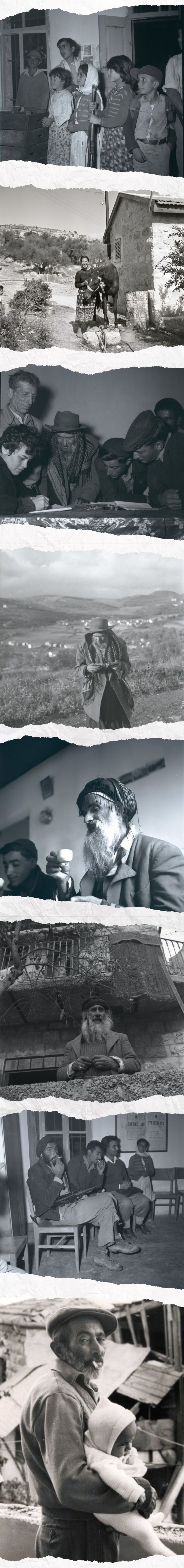 Black and white series of eight photographs, the first shows three young men and four children, one of the children has a gun in hand, the second shows smiling woman and horse standing next to a stone building, the third shows a rabbi with five young and old men reading with their heads bowed down, the fourth shows a man reading a book in the middle of the wilderness, the fifth shows two men drinking from cups, the sixth shows a bearded man standing on a balcony, and the seventh shows four men sitting in chairs, two of them smoking, and the eighth shows a man smoking and holding a baby, with a dilapidated stone house in the background.