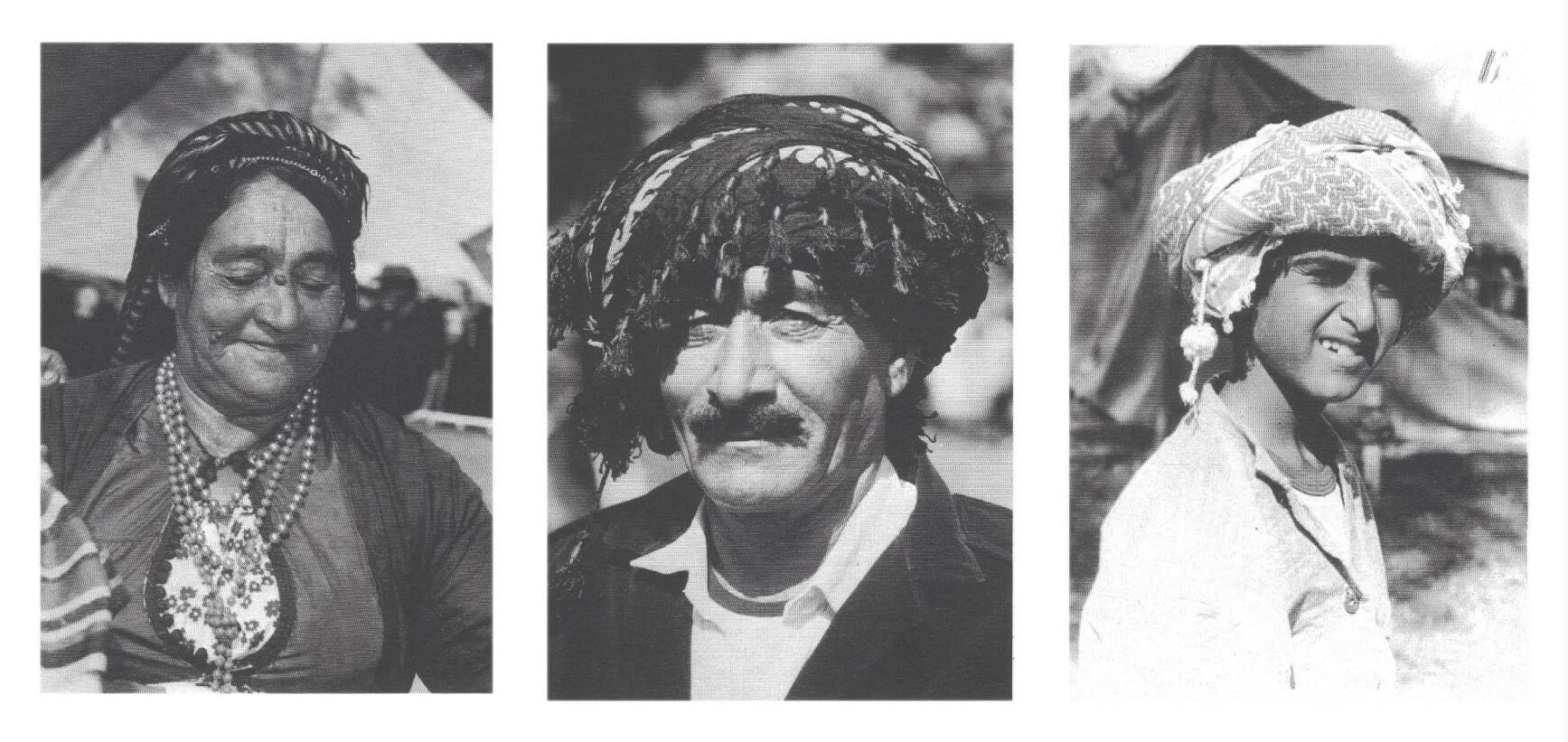 Black and white series of three photographs, separately, women, men and children in national dress.