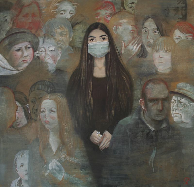 Paulina Siniatkina, Don’t Speak, 2016 - a woman wearing a face mask stands out in the centre of a busy crowd