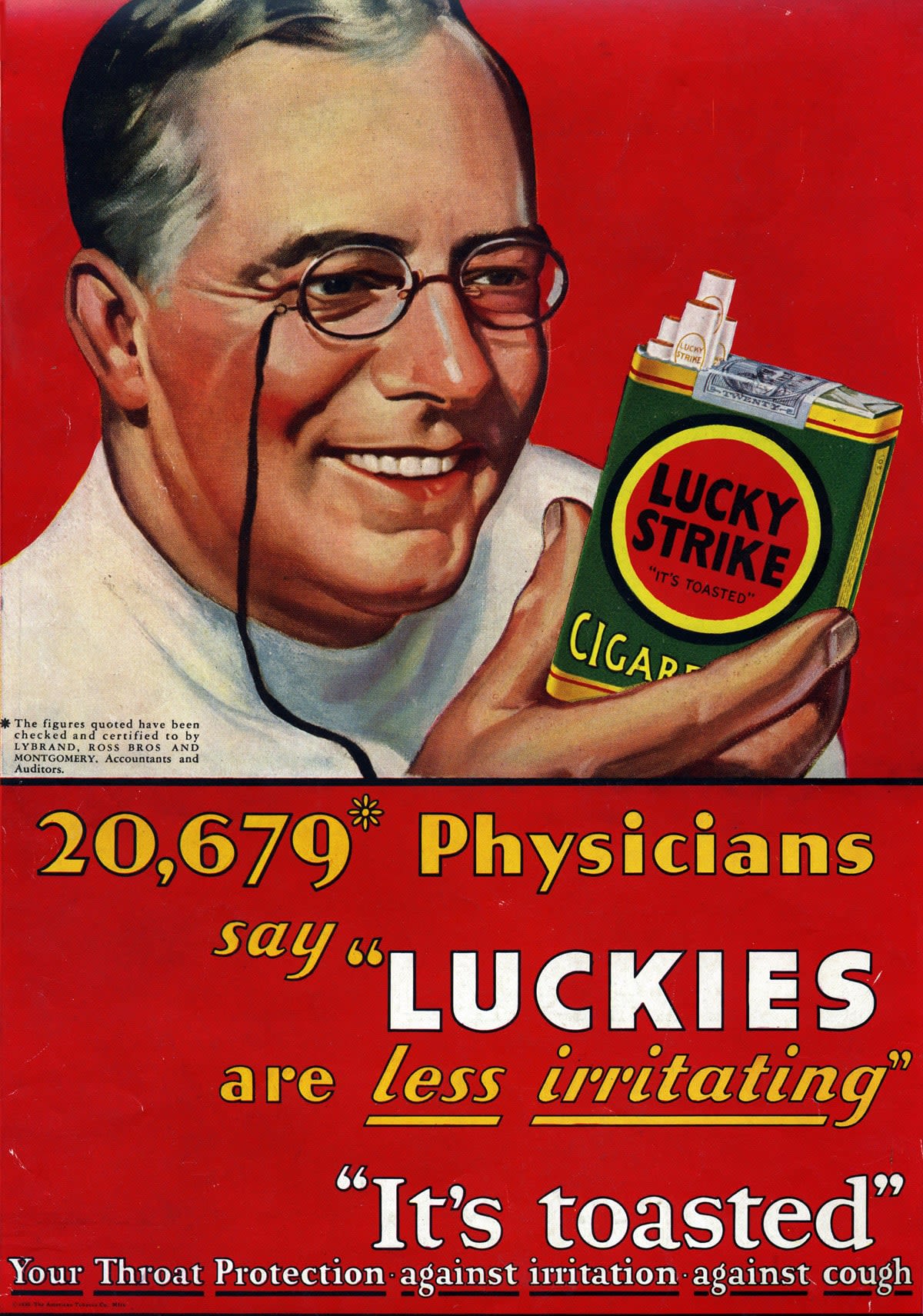 Lucky Strike cigarette advert with a Doctor offering a pack of cigarettes to customers