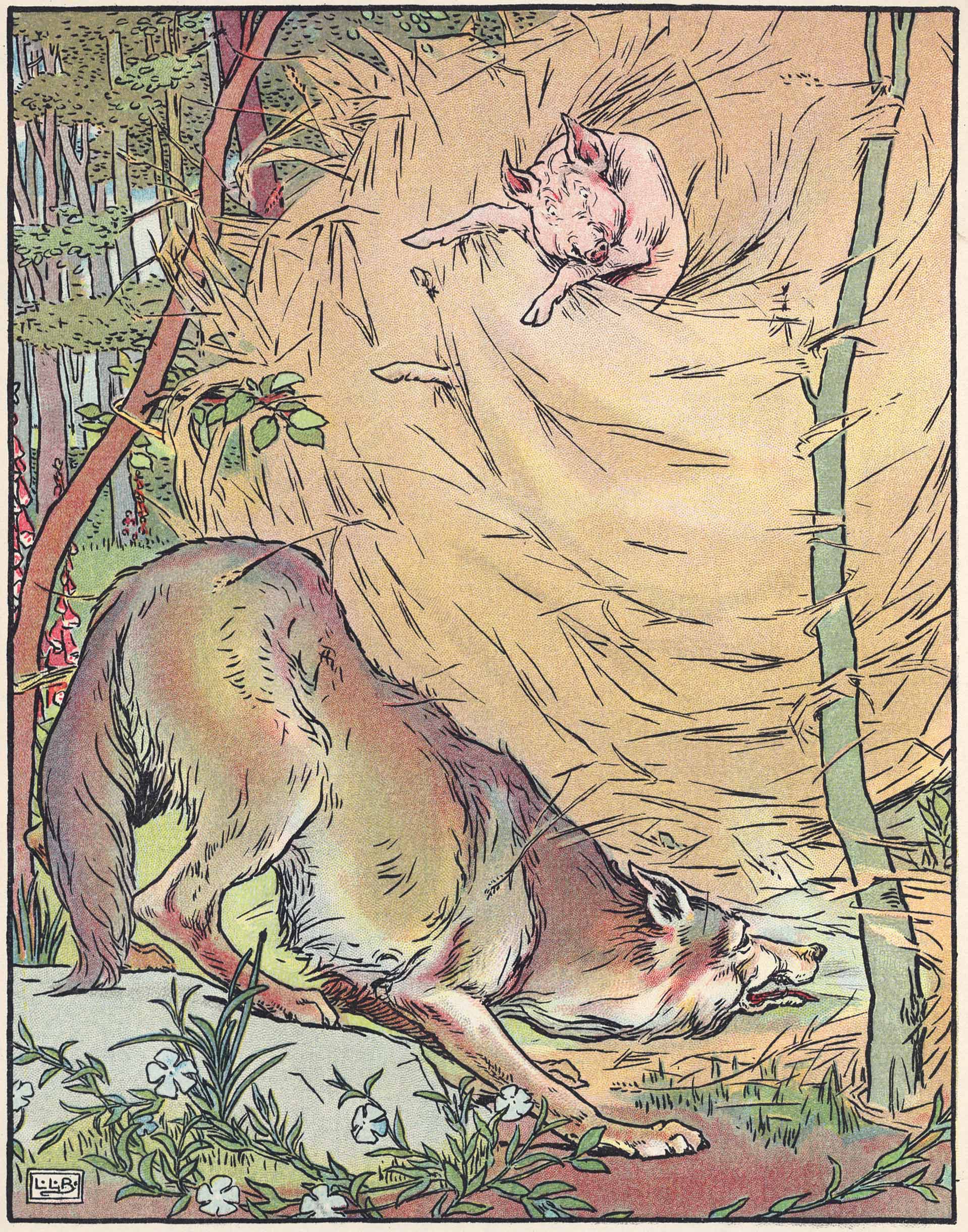 Leonard Leslie Brooke, Three Little Pigs, 1904 - a wolf blows down the straw house of a pig