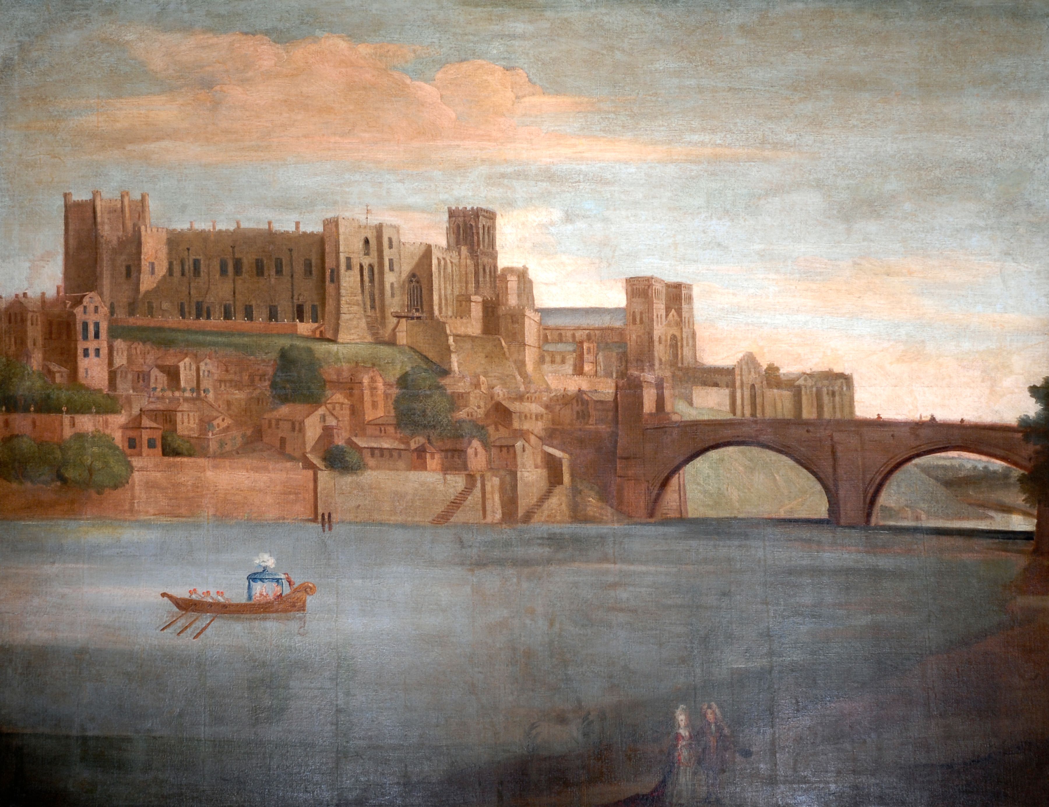 Hendrick Danckerts (circle of), Durham Castle and Cathedral with Bishop’s barge, oil on canvas, late 17th century. DUR.DU.18.1230