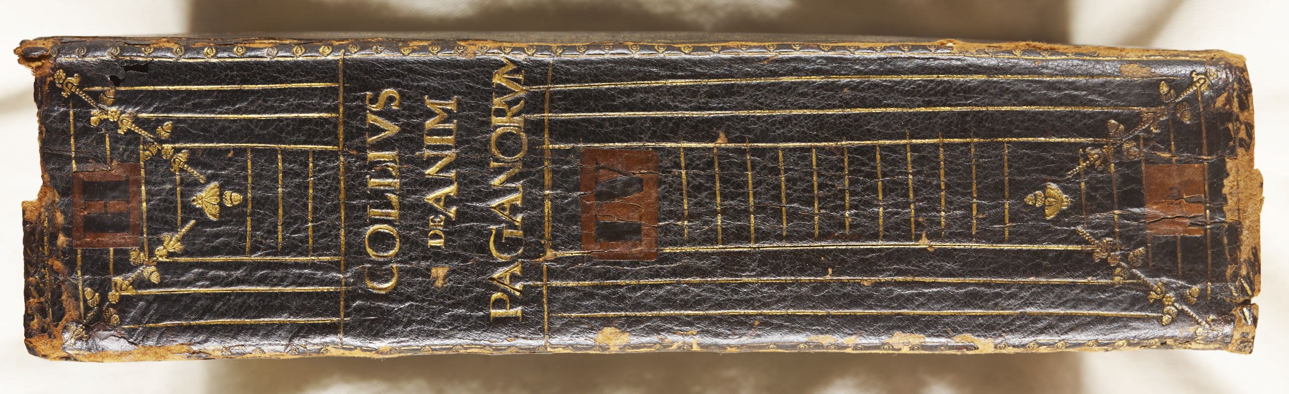 Flat rather than rounded spine of the "Chinese box" style bound book. DUL Cosin H.4.10