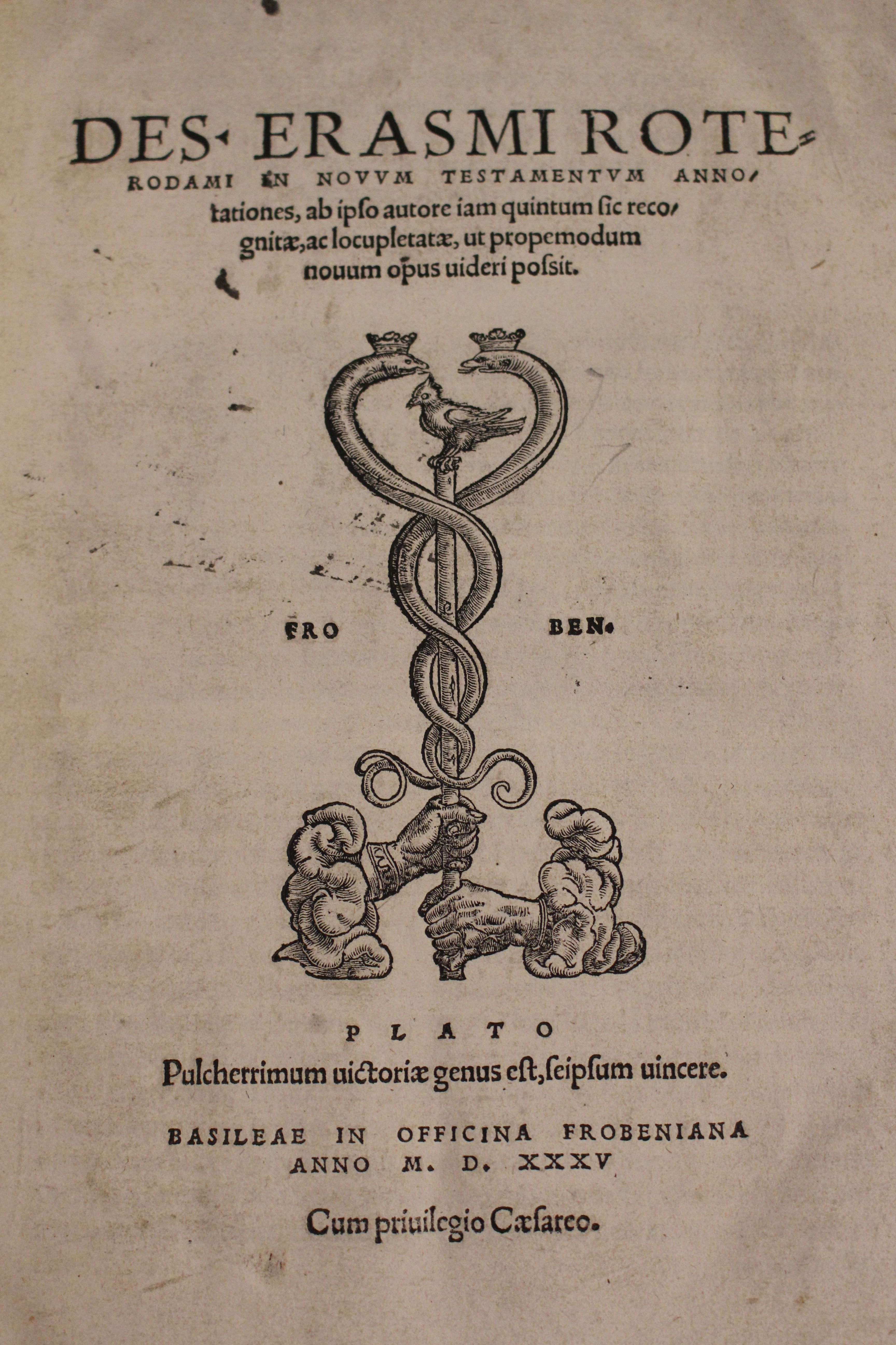 Title page to the commentaries on the New Testament by Erasmus of Rotterdam. DUL Cosin B.1.22