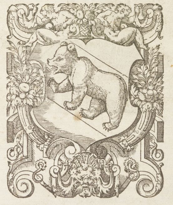Printer's device of a bear in a shield on the title page of a commentary on the gospels. DUL Cosin B.1.9/1