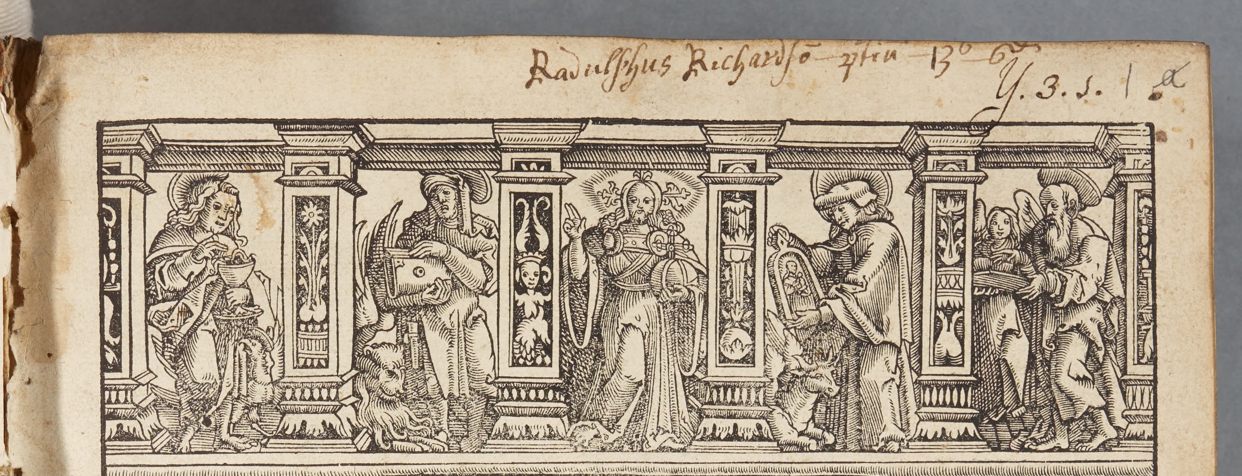 Head of the illustrated title page to an edition of the lives of the popes, showing a previous ownership inscription and a price. DUL Cosin Y.3.1/1