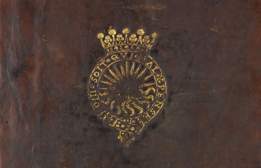 Front cover of a book with the gilt armorial stamp of Charles Blount, Earl of Devonshire (1563-1606)