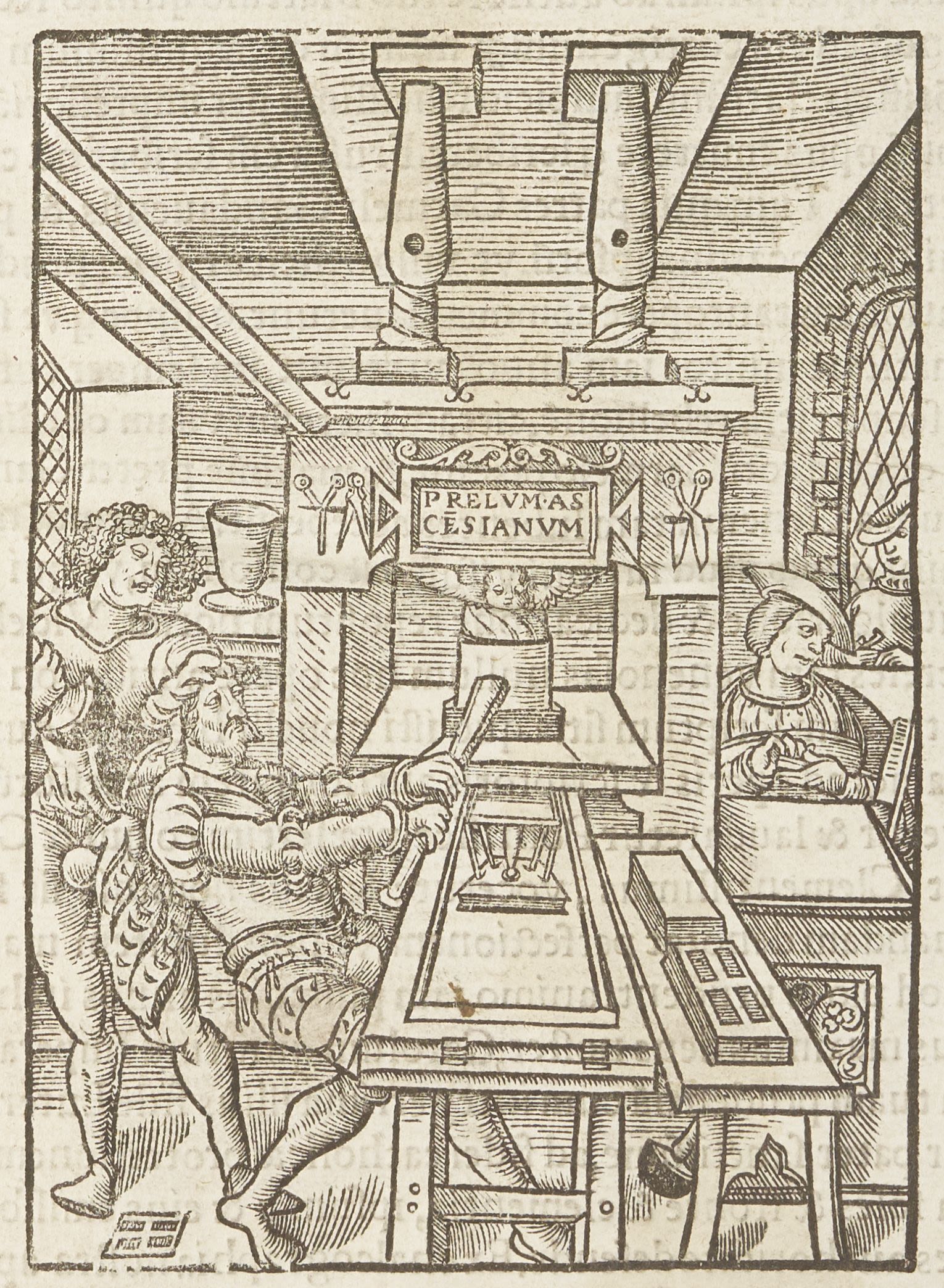 Woodcut of a printer's workshop, used as a printer's device on the title page in DUL Cosin H.3.23A