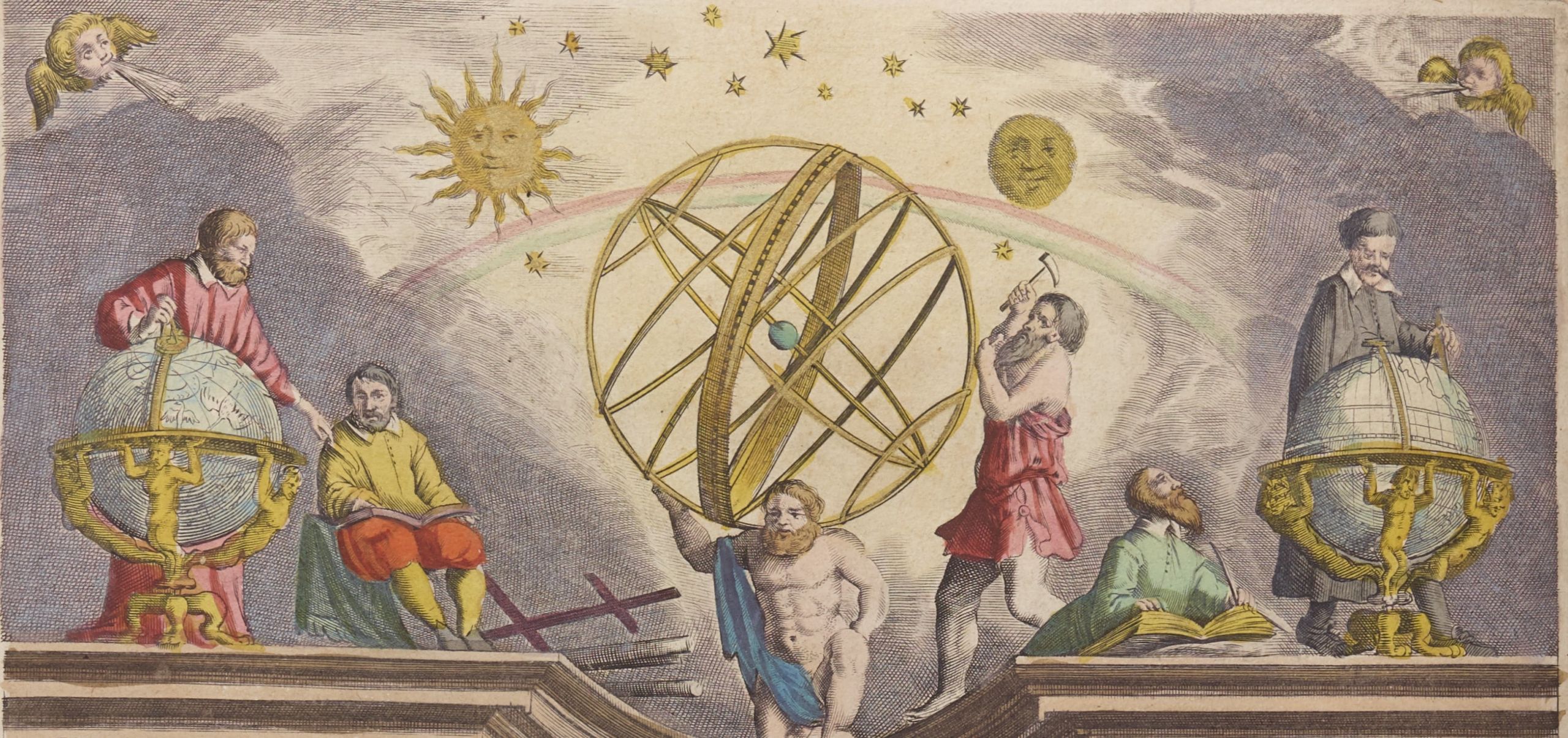 Illustration from Gerhard Mercator's Atlas Novus depicting the sky with moon and sun and travellers studying a globe