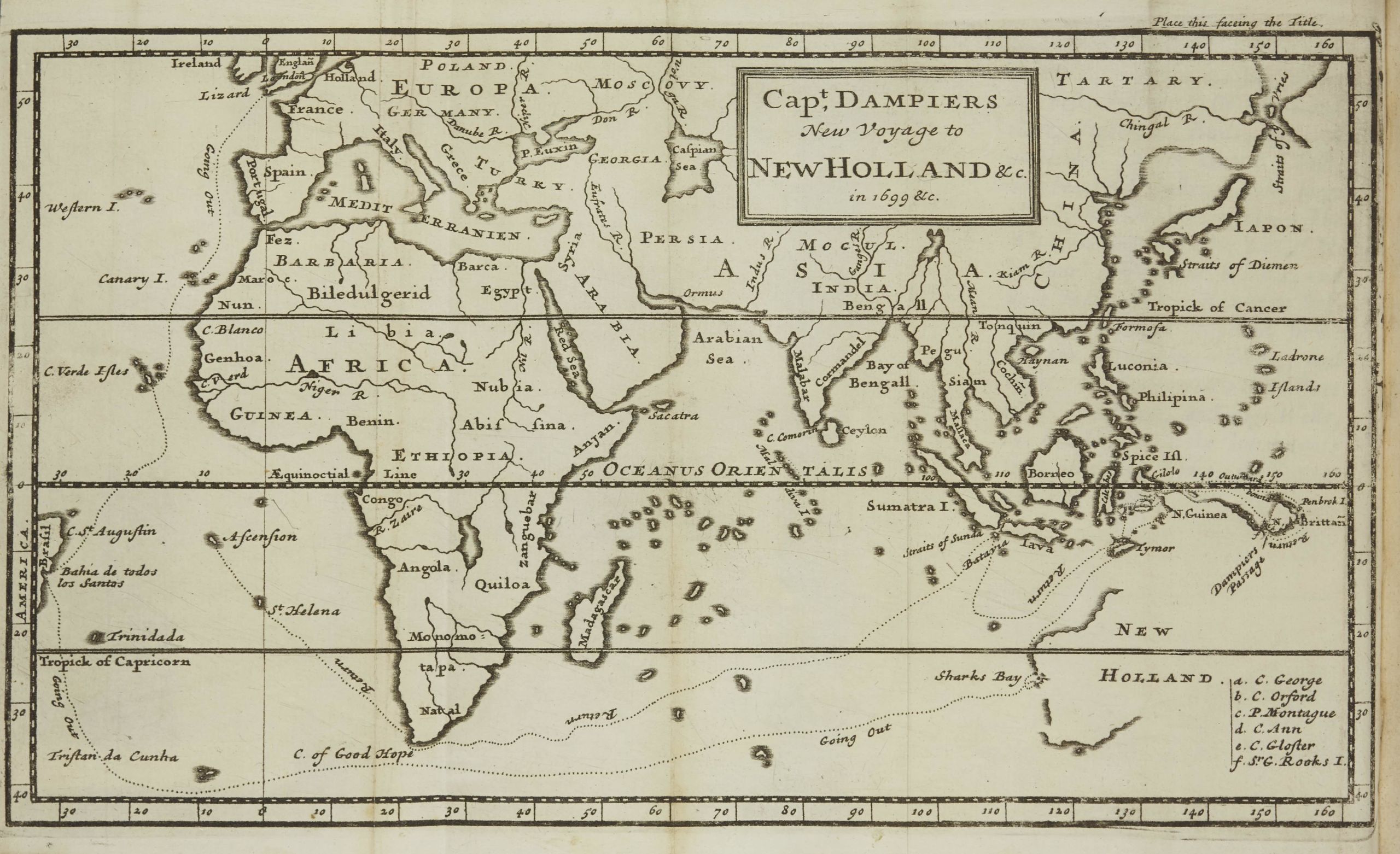 World map showing Dampier's route to reach Australia, described as New Holland on this map
