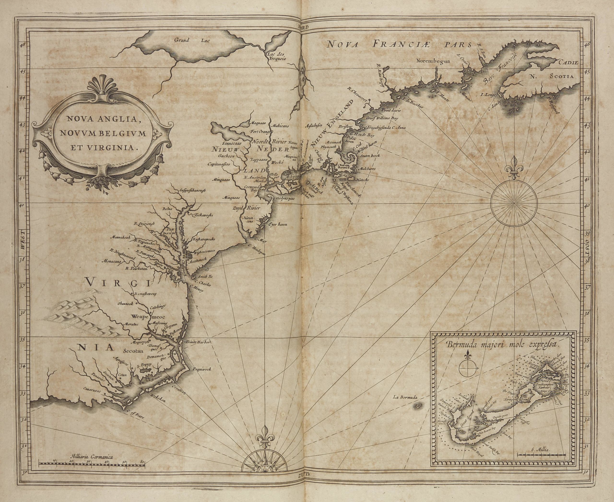 Map of North America from Da Laet's work, showing the East coast, with Virginia prominent