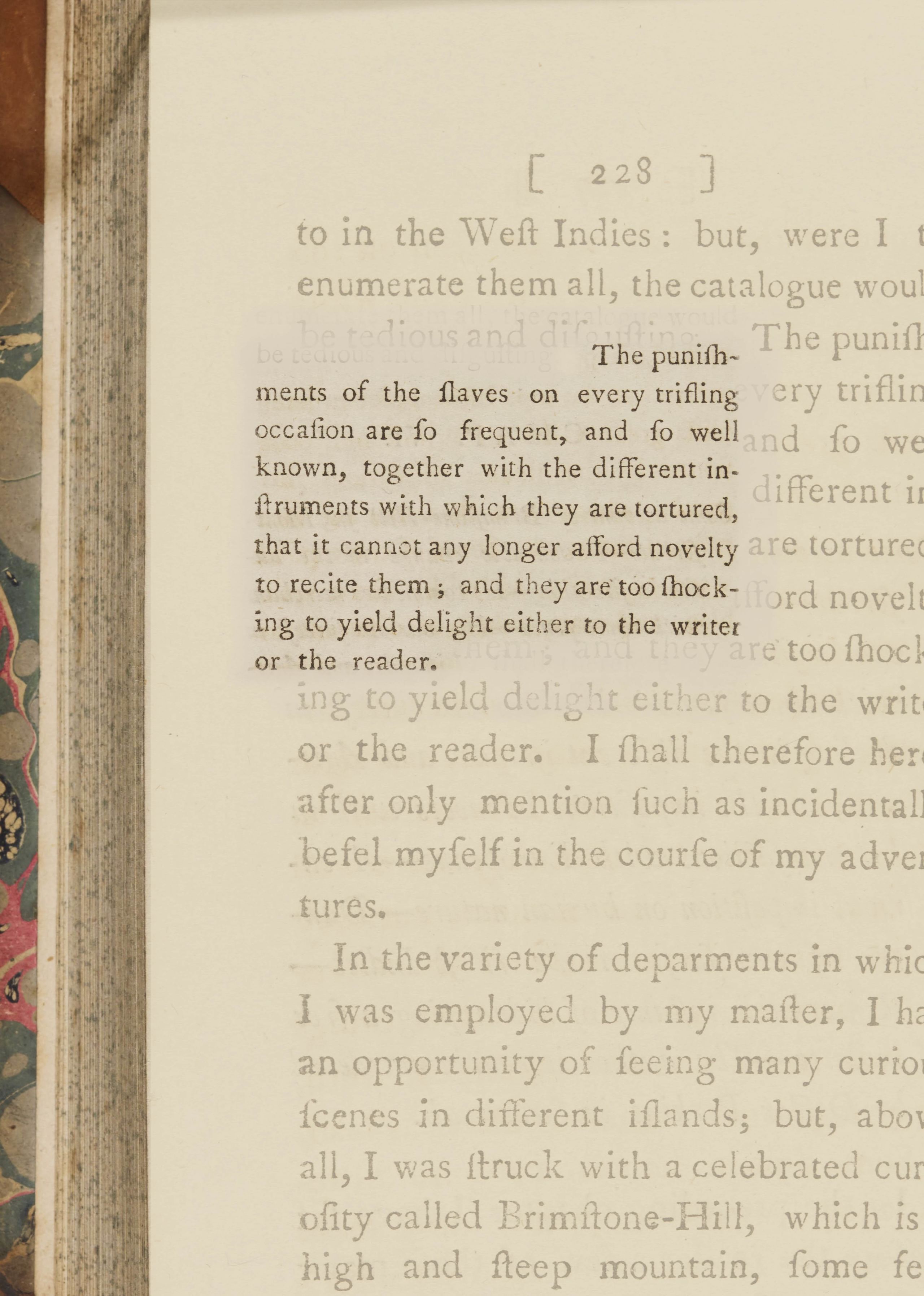 Page from Equinao's book with quote highlighted describing violent treatment faced by enslaved people