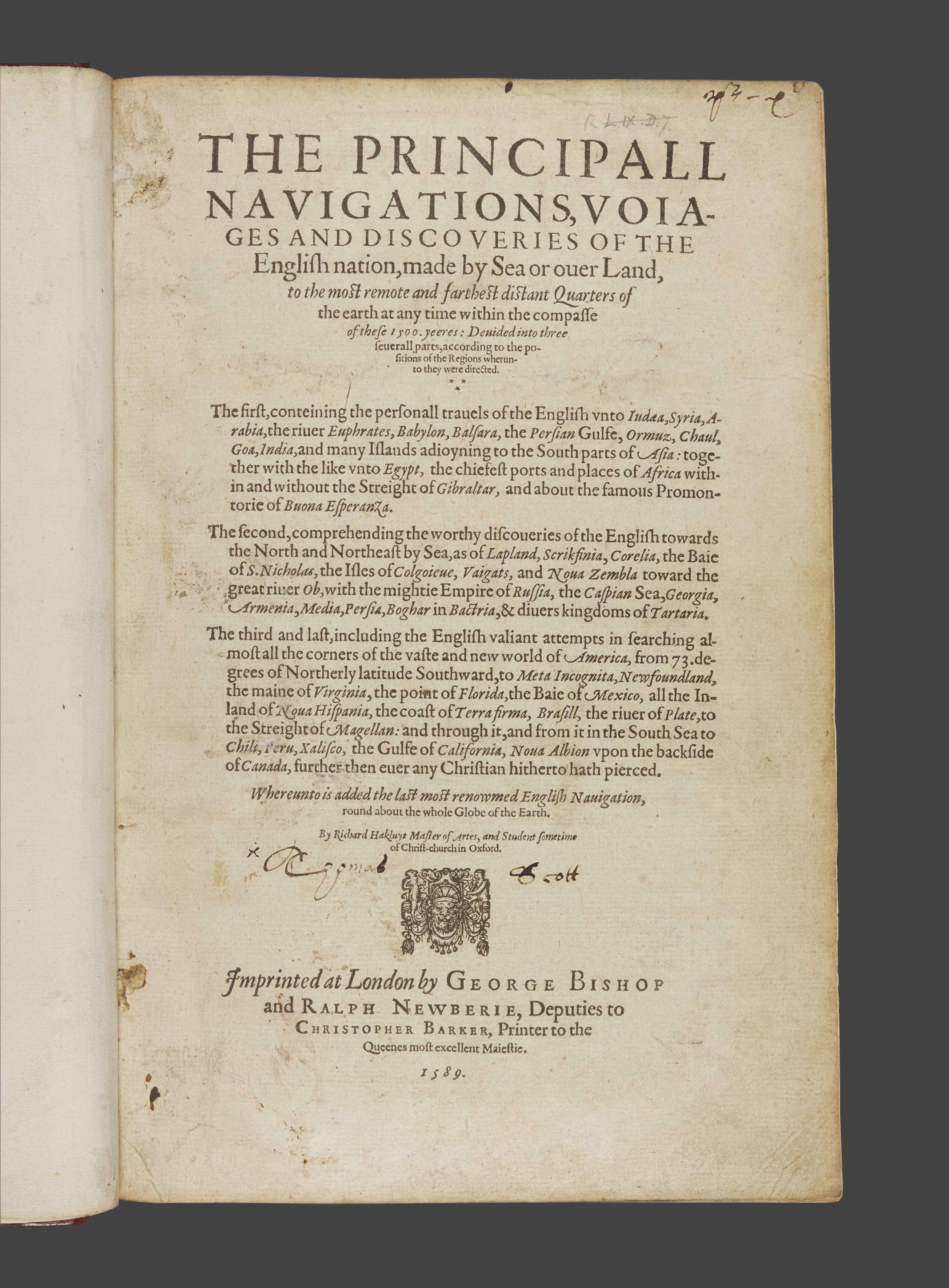 Title page from Hakluyt's Principal Navigations