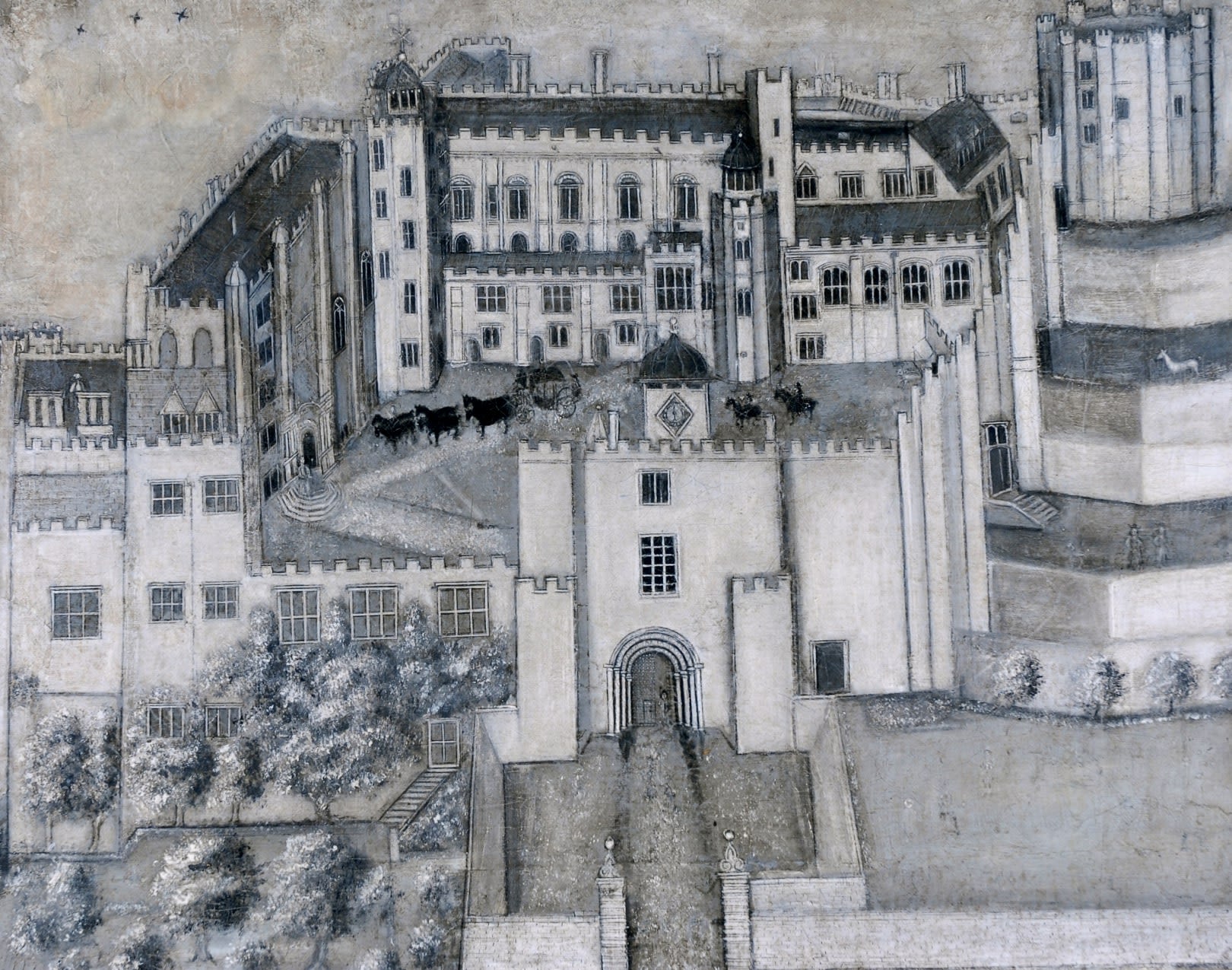 Black and white illustration of Durham Castle courtyard. A carriage pulled by a number of black horses is preparing to leave the castle courtyard