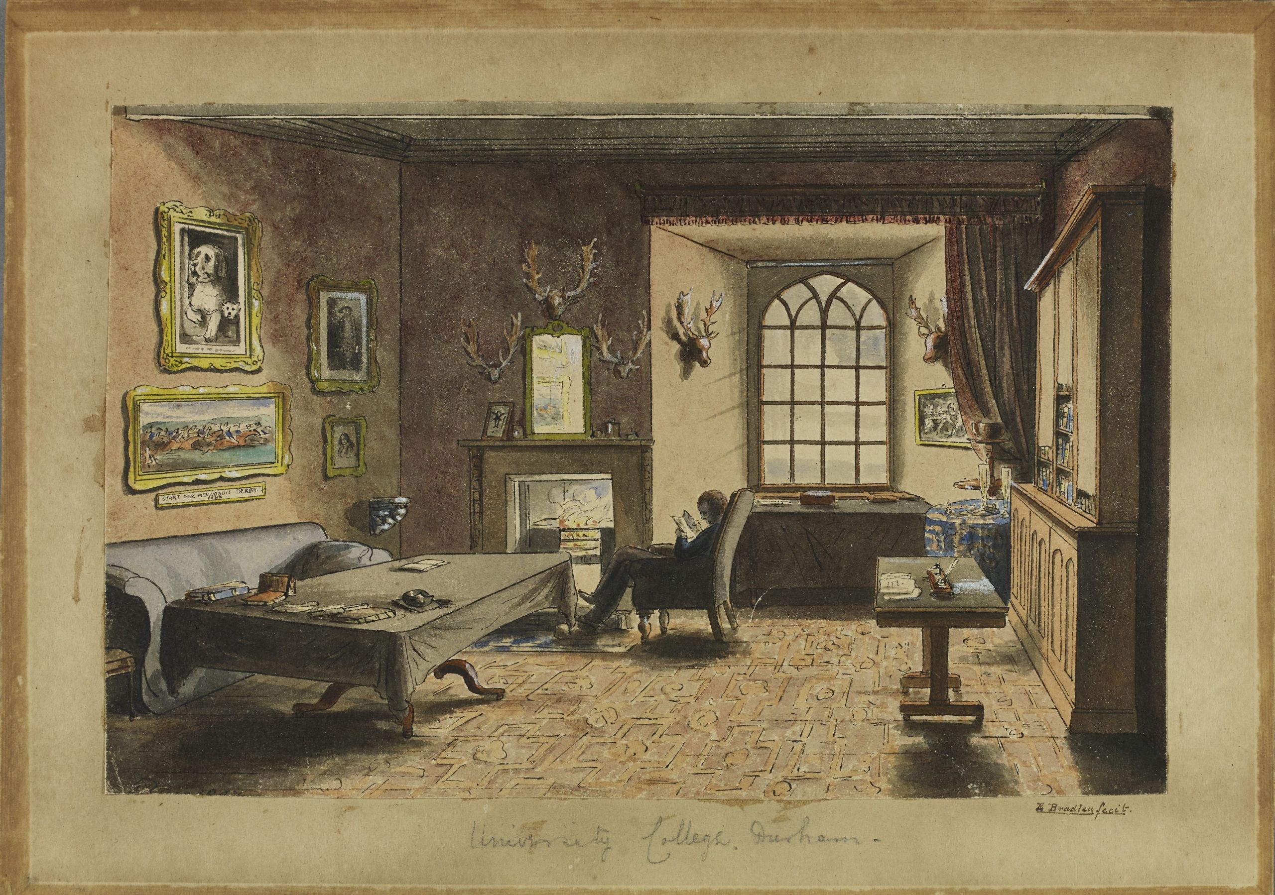 watercolour sketch of a student's room. a student sits in front of a fireplace by the window. the walls of the room are decorated with antlers and hunting trophies, as well as framed pictures