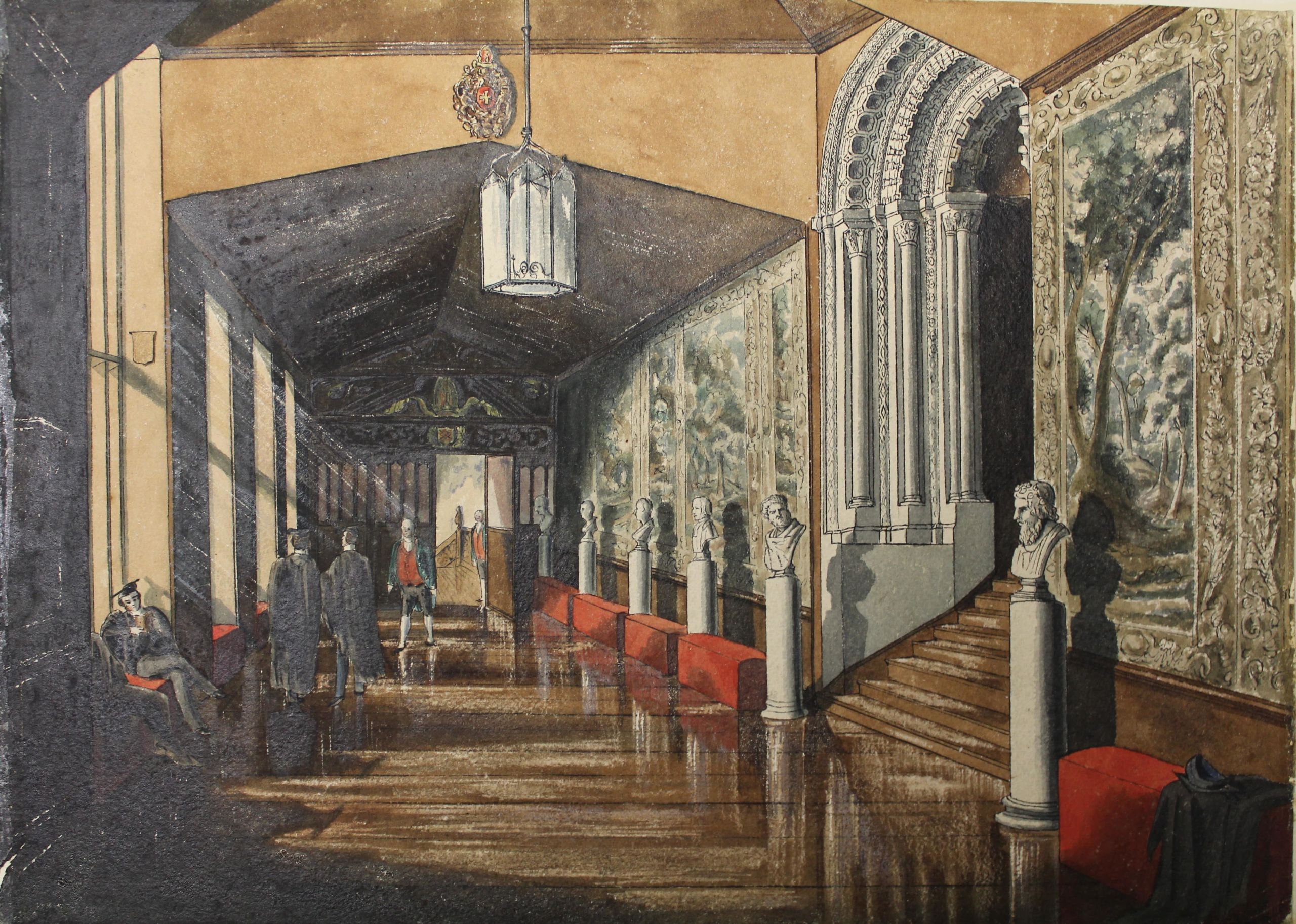 A nineteenth century watercolour sketch of the tunstall gallery at Durham Castle, with university students. some walk the hall while some lounge in the sun by a window
