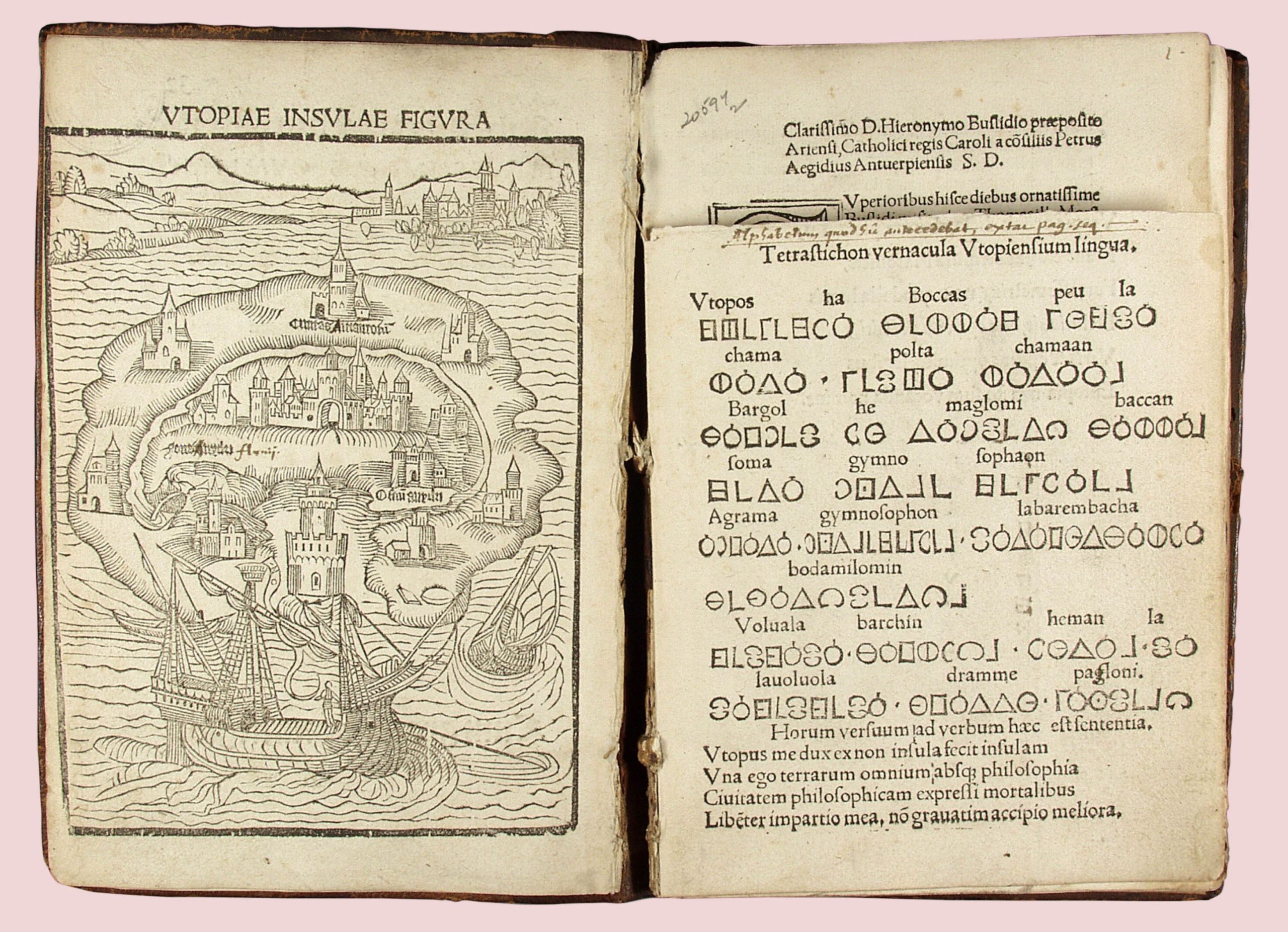 Map of the island of Utopia, showing castles and a large ship approaching. On the next page is the script of an alphabet, showing the language used on Utopia