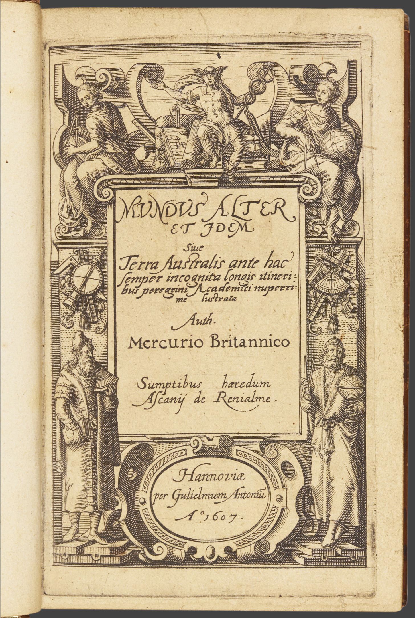 Title page from Mundus Alter et Idem, with illustrations of explorers