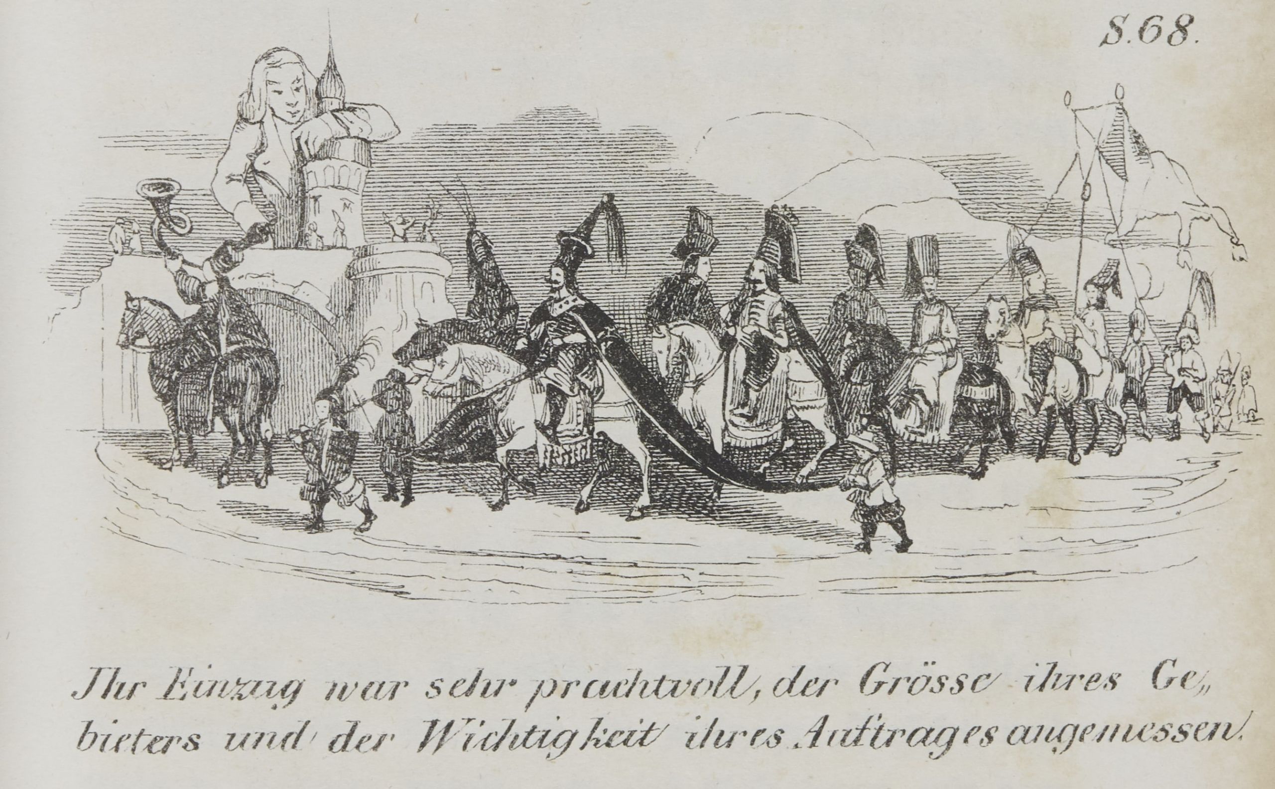 Illustration of Gulliver hugging the tower of a castle as small soldiers approach on horseback