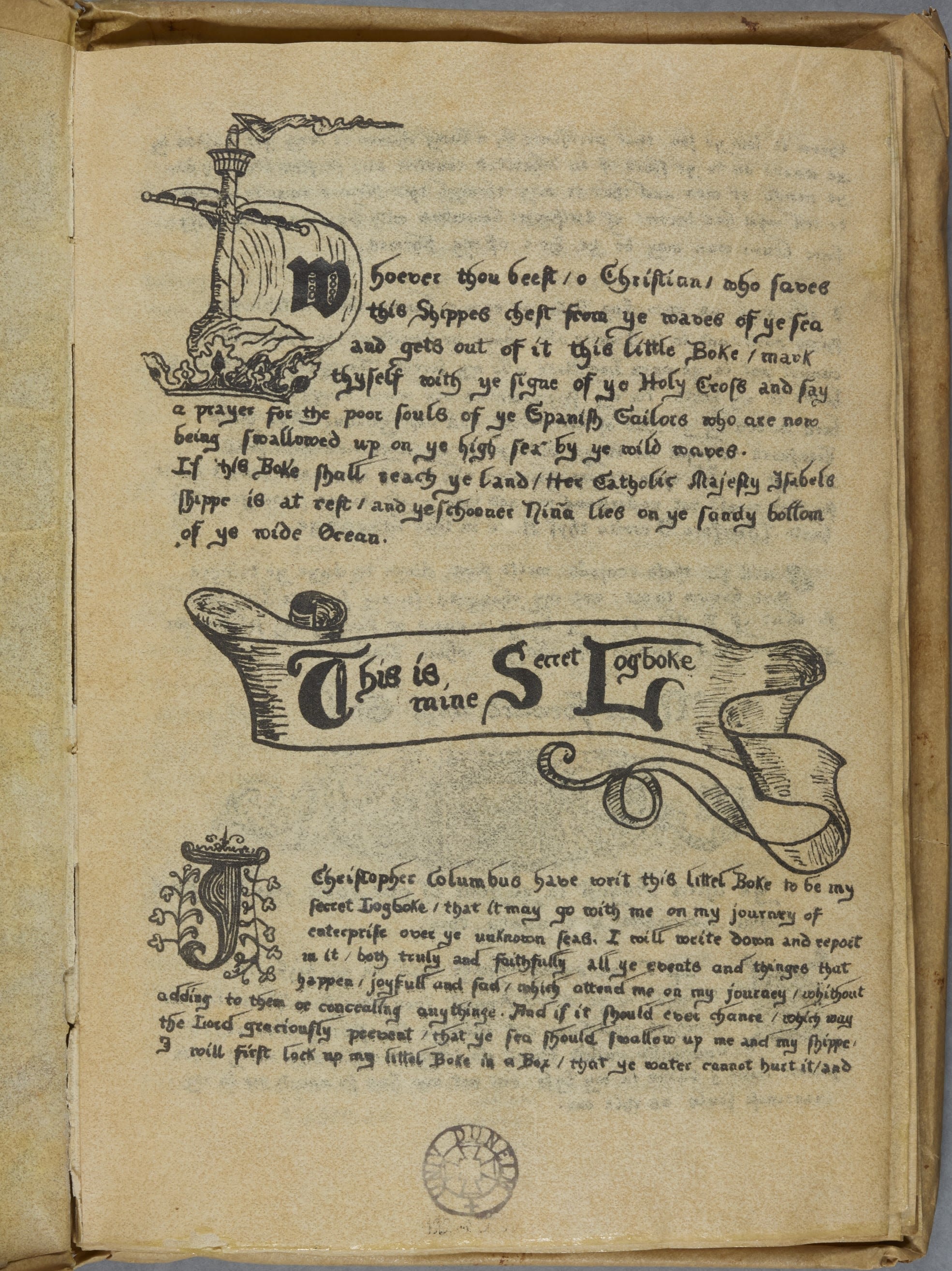 Water stained page from My Secret Log Book, a spurious work claiming to be the lost log book of Christopher Columbus